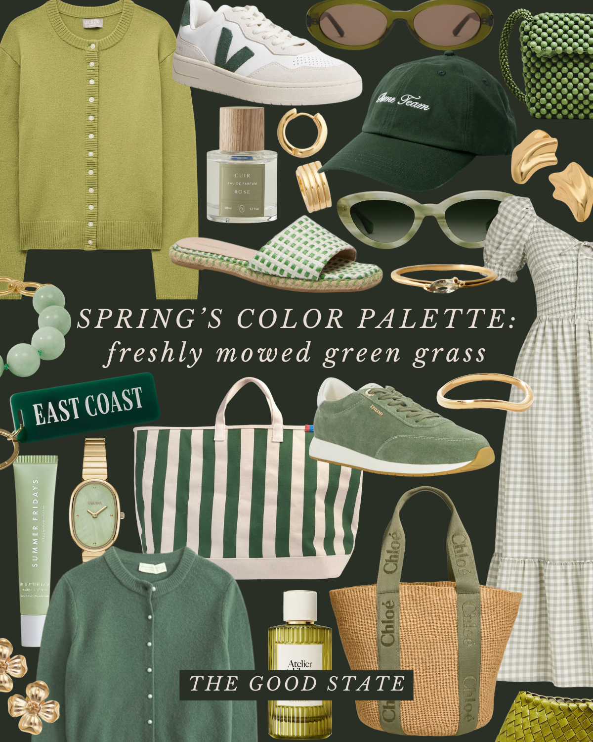 Collection of spring fashion and accessories featuring predominantly green items, including sweaters, shoes, sunglasses, jewelry, bags, perfume, and a watch, on a dark background with the text "Spring's Color Palette: freshly mowed green grass" and "