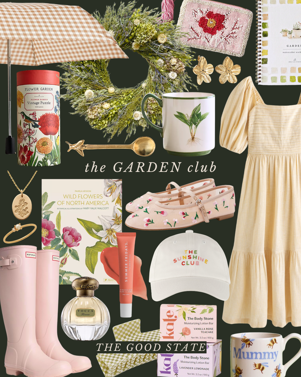 Arrangement of gardening and summer-themed items including a floral wreath, flowering book, pink floral slippers, a yellow dress, gardening mug, jewelry, a section of boots, a baseball cap, skincare products, and a mug with bees, with the text 'the G