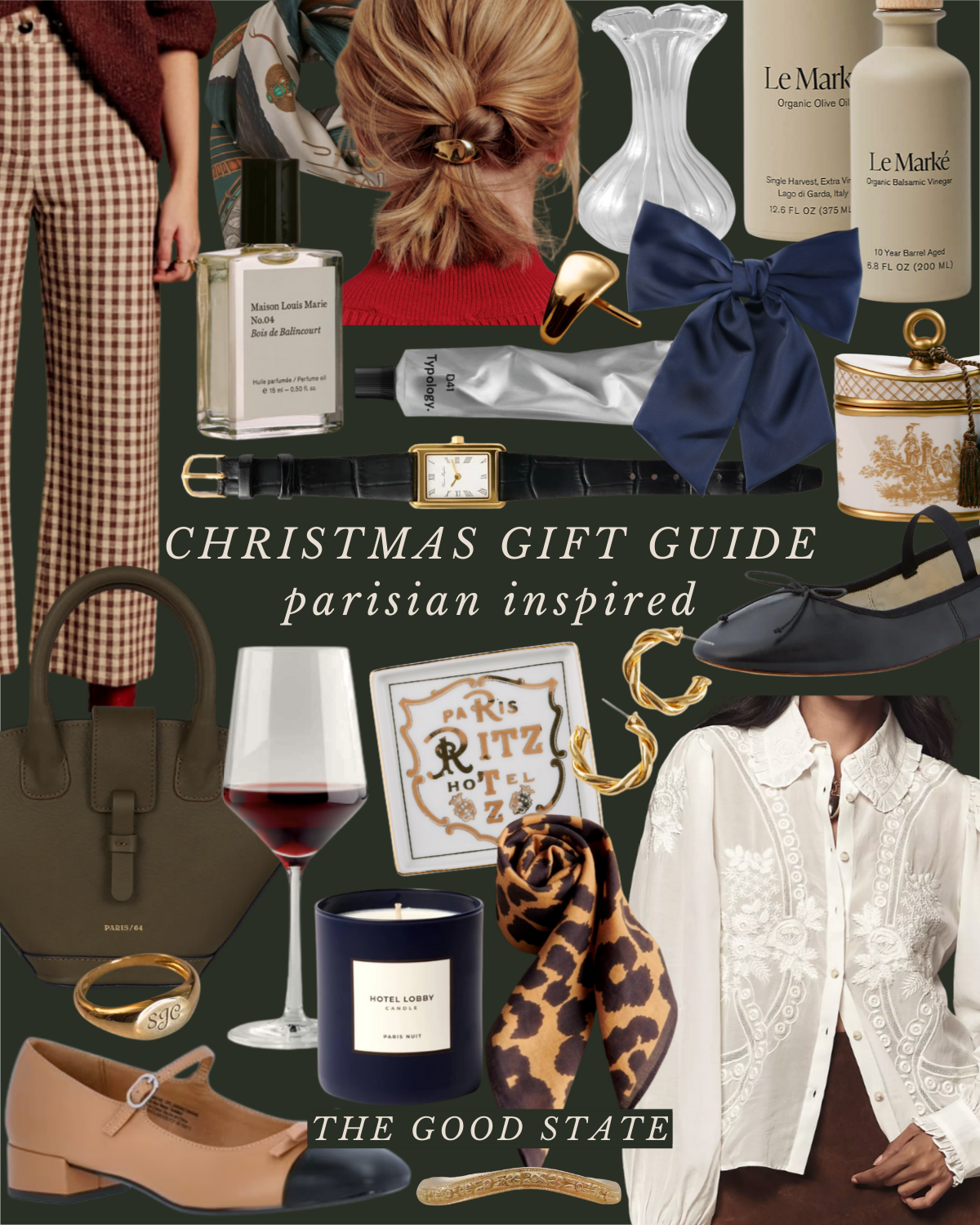 Parisian-inspired Christmas gift guide featuring clothing, accessories, perfume, candles, wine, and home decor, with a dark green background and elegant typography.
