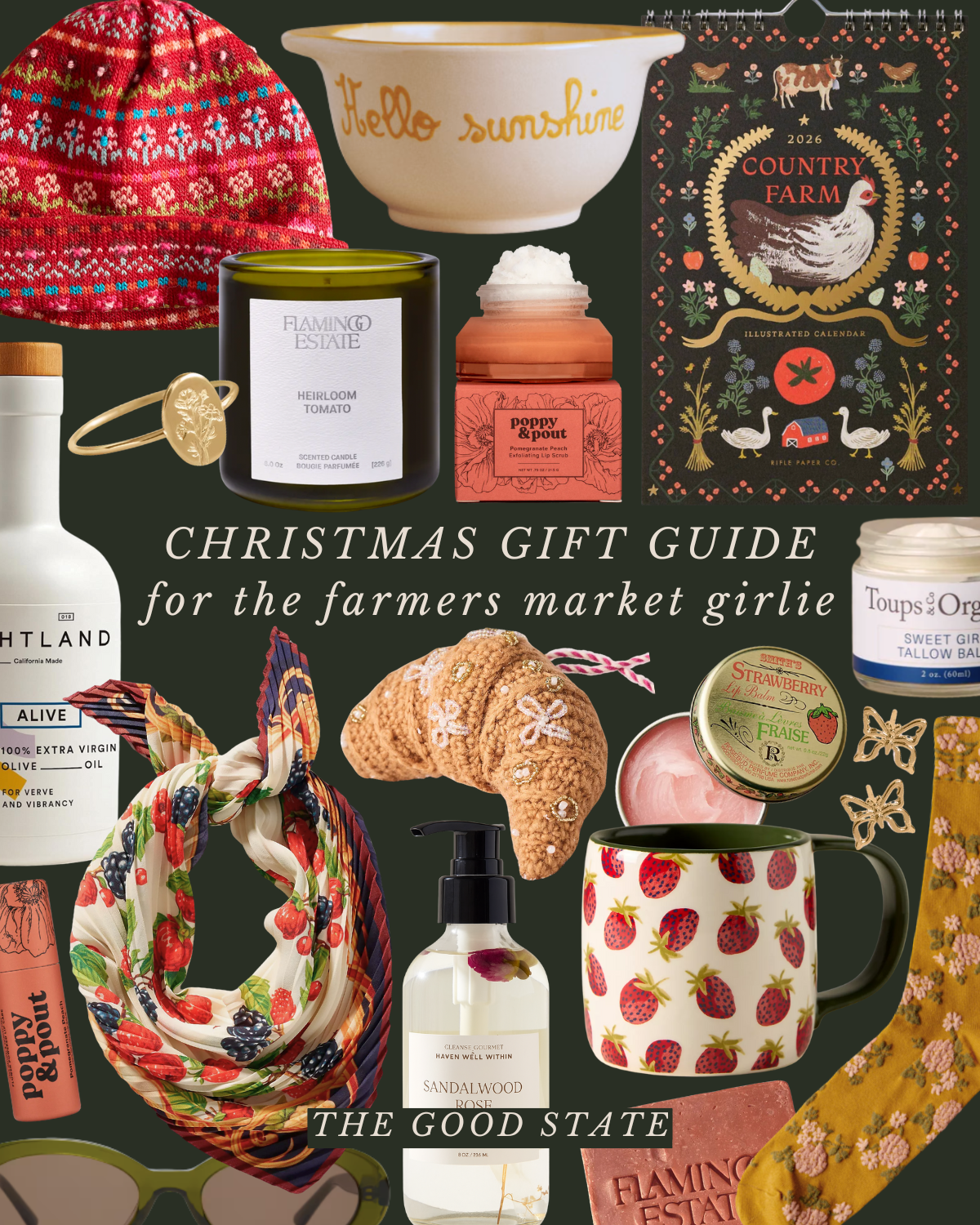 A collection of Christmas gift items for a farmer's market girl, including a red patterned knit hat, a white bowl with 'Hello Sunshine' written on it, a decorative calendar, a candle, lip scrub, moisturizing cream, a small tin of strawberry lip balm,
