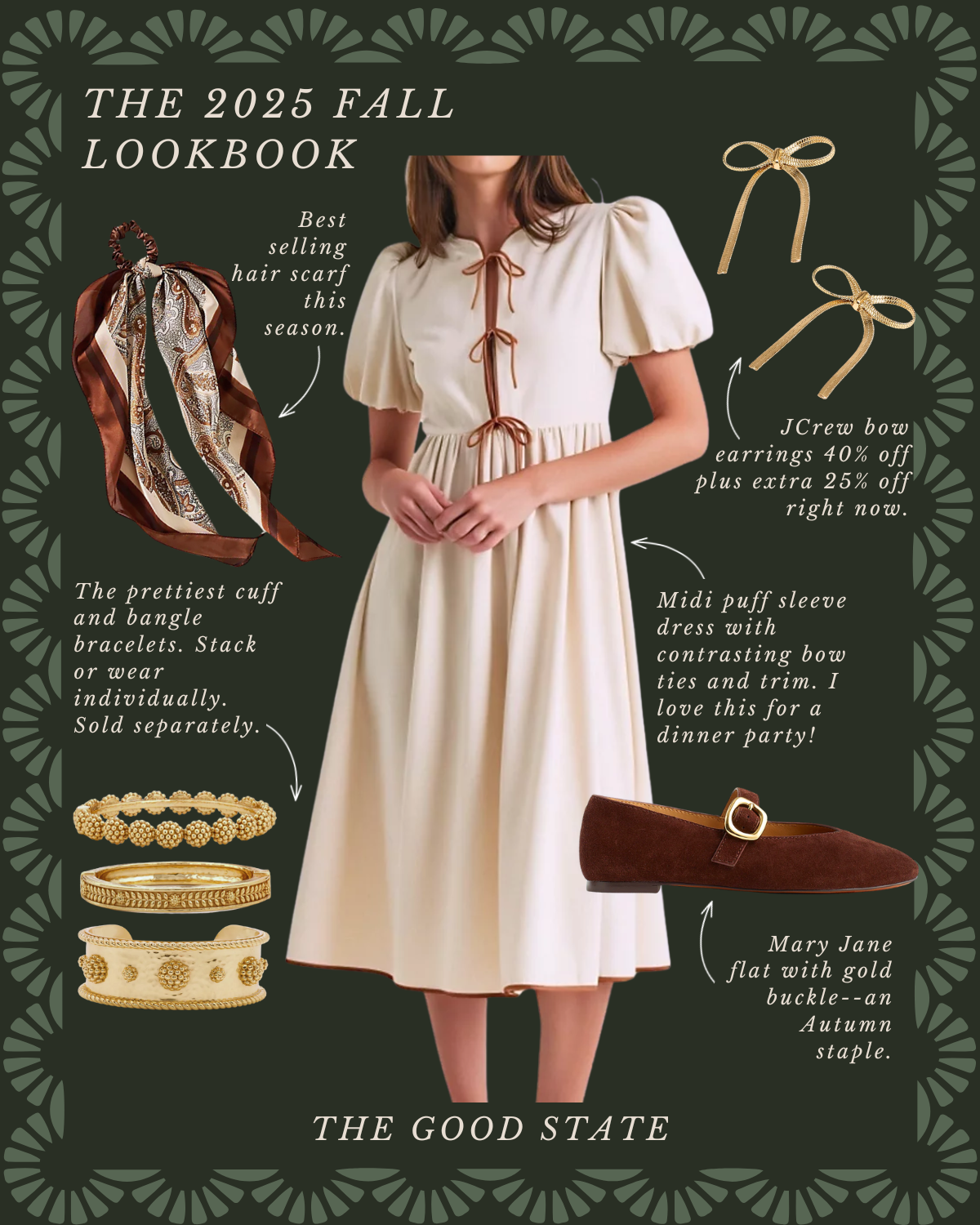 A fashion lookbook cover for fall 2025 featuring a woman in a cream midi puff sleeve dress with brown bow ties, brown Mary Jane flats with a gold buckle, a patterned hair scarf, and gold bangles and bracelet. Text highlights accessories and discounts