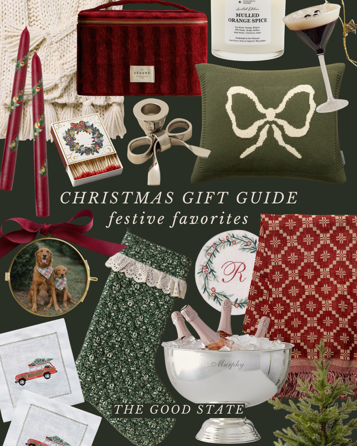 A collage of Christmas gifts and decorations including candles, a pillow with a bow design, a box of matches, a scarf, a dog ornament, a bowl with champagne bottles, a hand soap dispenser, and holiday-themed tableware. The text reads "Christmas Gift 