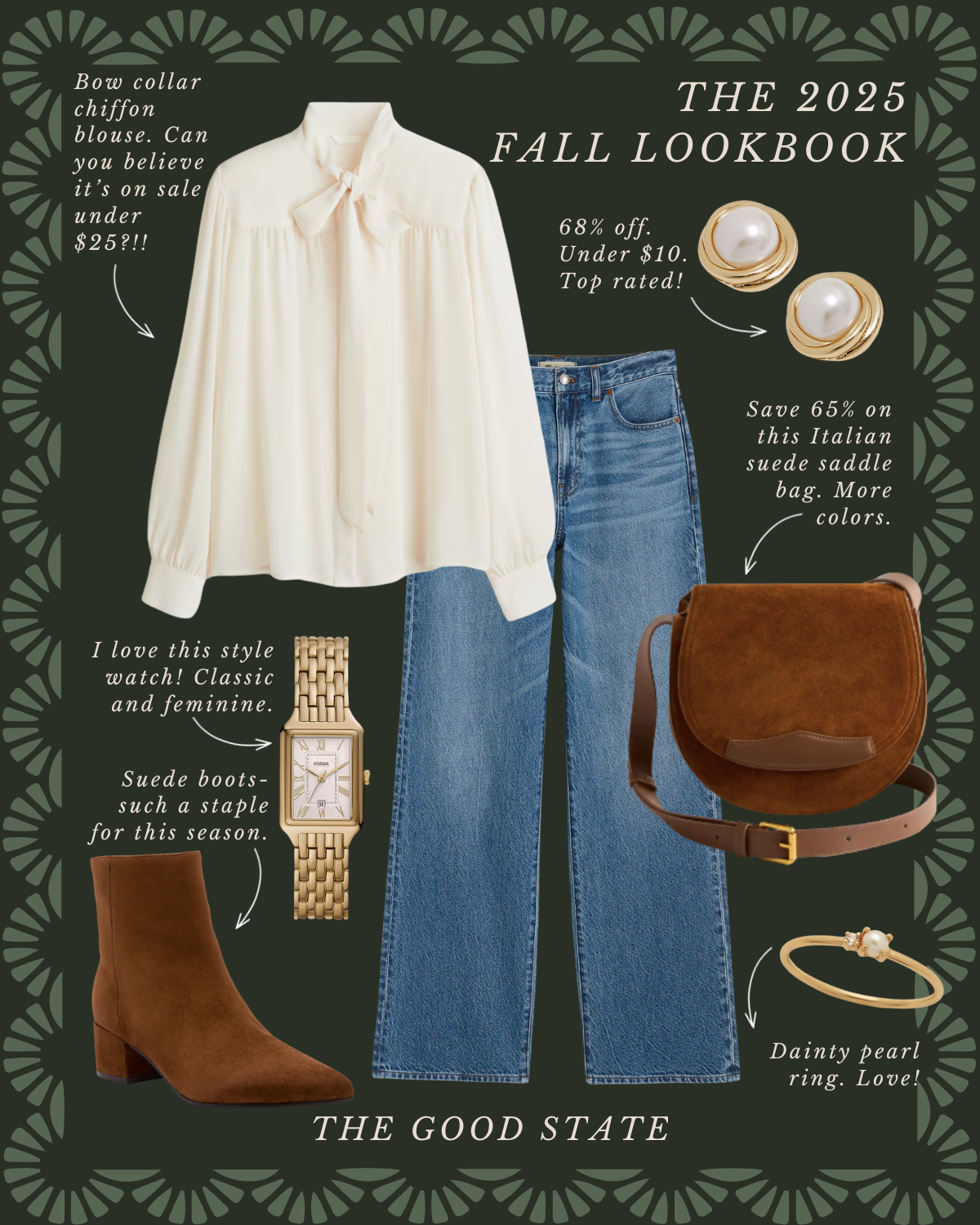 Fall clothing and accessories display including a white bow-collar chiffon blouse, a pair of blue jeans, pearl earrings, a gold watch with a white face, a brown suede saddle bag, a dainty pearl ring, and brown suede ankle boots with a block heel. Tex