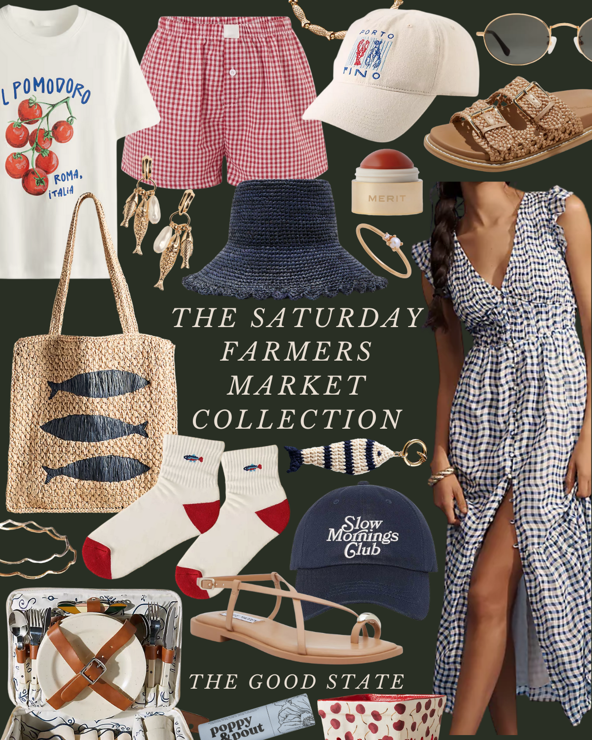 Collection of summer fashion and accessories including a gingham dress, plaid shorts, graphic T-shirt, straw bag with fish prints, white socks with red accents, sandals, hat, sunglasses, jewelry, keychain, and skincare products, with the text "The Sa