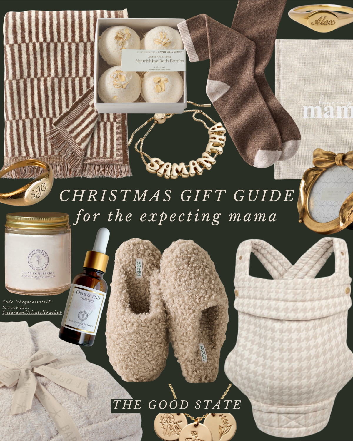 A collection of Christmas gift items for expecting mothers, including bath bombs, jewelry, slippers, skincare products, and a quilted baby onesie, arranged on a dark background with text reading "Christmas Gift Guide for the Expecting Mama."