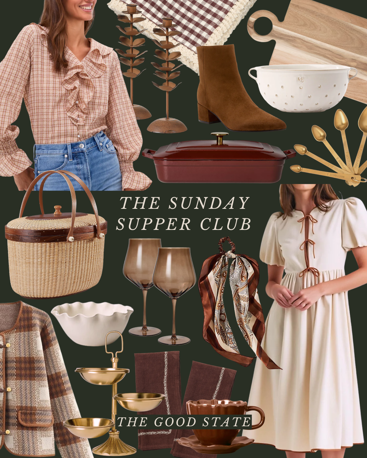 A collage of fashion and home decor items with two women in vintage-style dresses, assorted tableware, a wicker bag, footwear, napkins, and decorative objects, with the text "The Sunday Supper Club" and "The Good State".