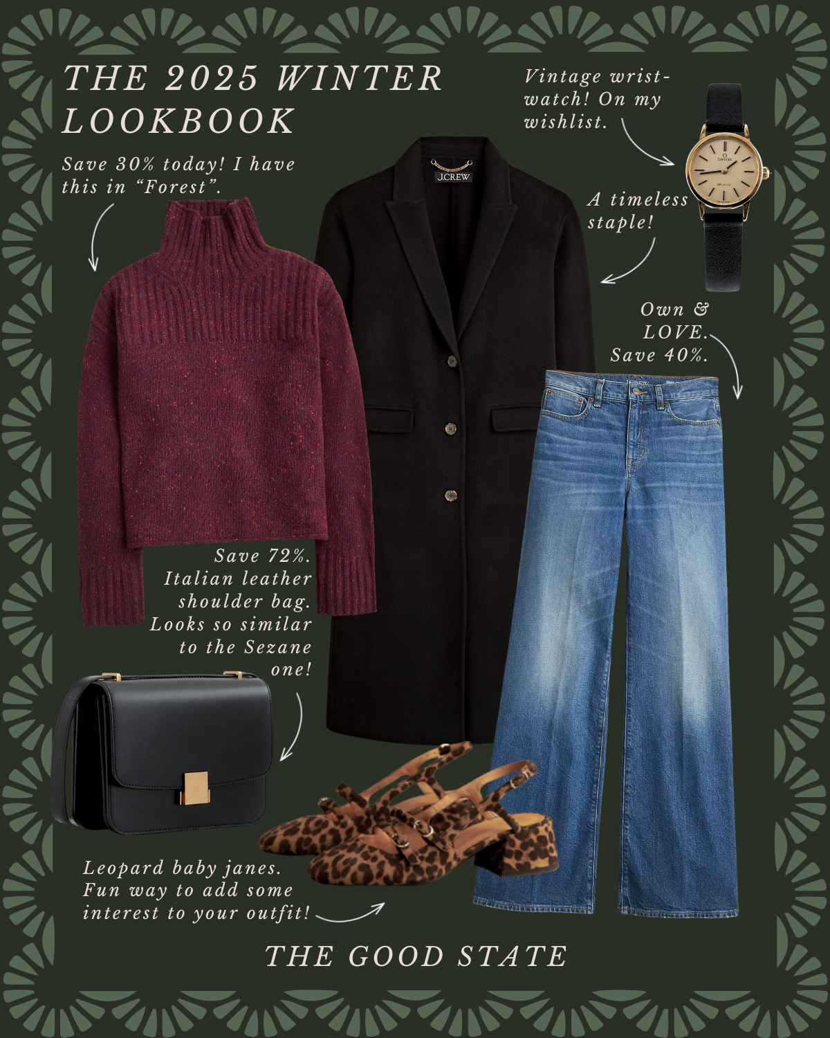 A fashion lookbook cover featuring winter clothing and accessories, including a burgundy turtleneck sweater, black blazer, blue jeans, leopard print shoes, black handbag, and a wristwatch, with promotional text about discounts and product details.