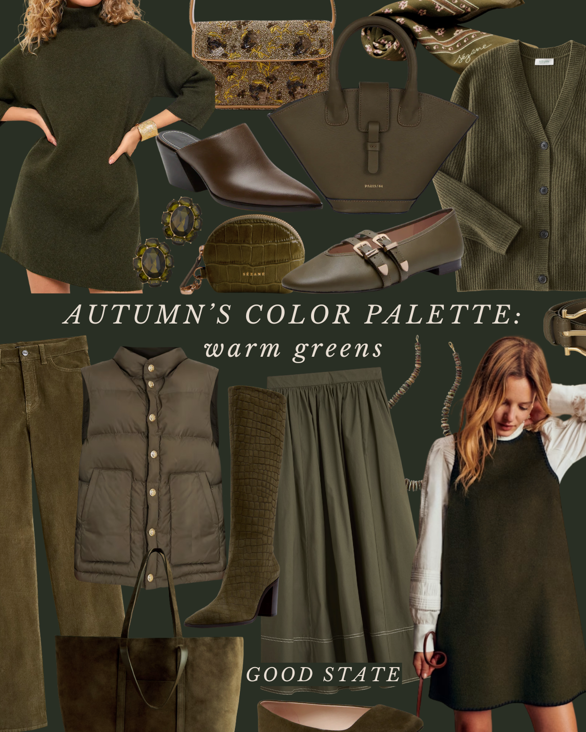 Collage featuring fall fashion items in warm green shades including sweaters, vests, skirts, and boots, along with handbags, jewelry, and a woman modeling an outfit, with text 'Autumn's Color Palette: Warm Greens' and 'Good State'.