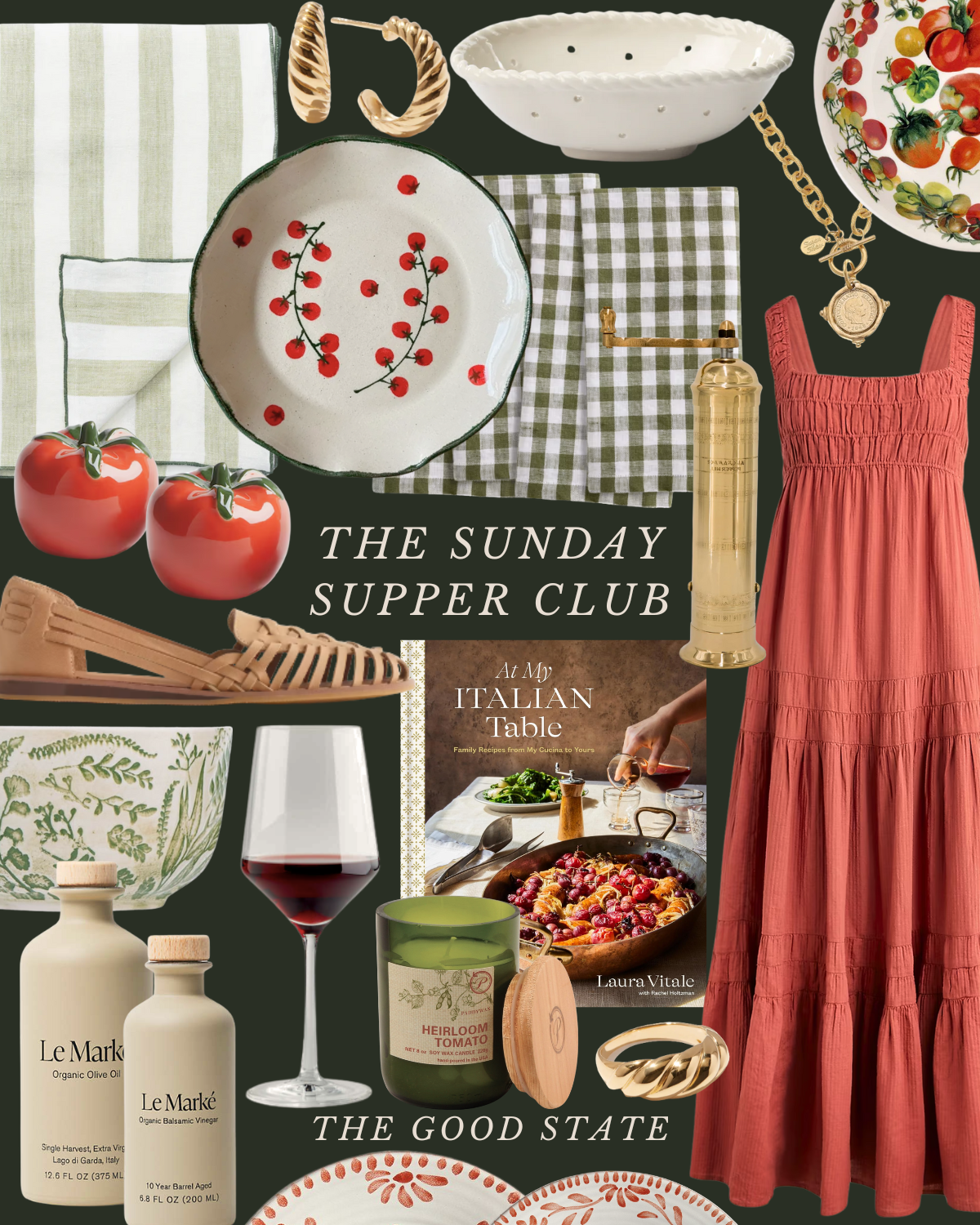 Collage of items for Sunday supper, including dishes, wine, olive oil, a cookbook, jewelry, earrings, a dress, tomatoes, and tableware.