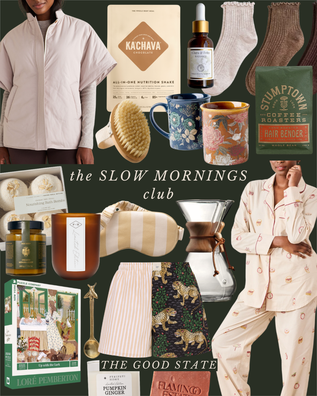 A collage of cozy morning items, including a woman in pajamas, mugs, socks, pumpkin ginger soap, a coffee bag, bath bombs, a brush, a pour-over coffee maker, skincare serum, a striped cover, a puzzle, a spoon, and various clothes. The text reads "the