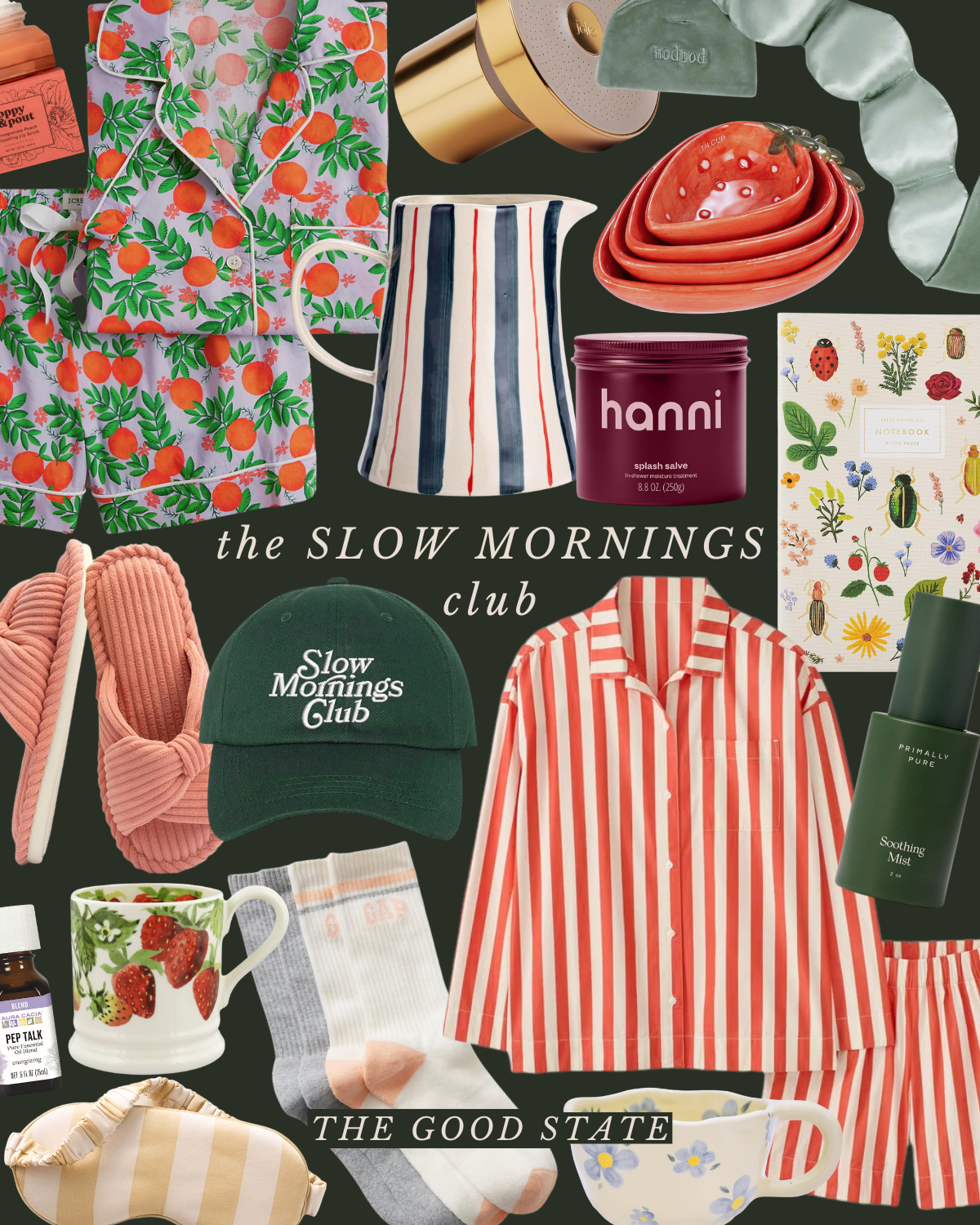 A collection of cozy morning essentials including pajamas with a cherry pattern, a green and white striped pajamas, a strawberry mug, pink slippers, a green 'Slow Mornings Club' baseball cap, a striped 'Red and White' pajama shirt, a floral notebook,