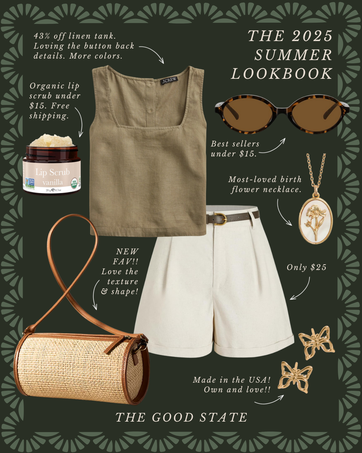 Summer lookbook with clothing, accessories, and beauty products. Features a beige linen tank top, white shorts with a belt, tortoise shell sunglasses, a birth flower necklace, butterfly earrings, a straw handbag, and lip scrub. Text highlights discou