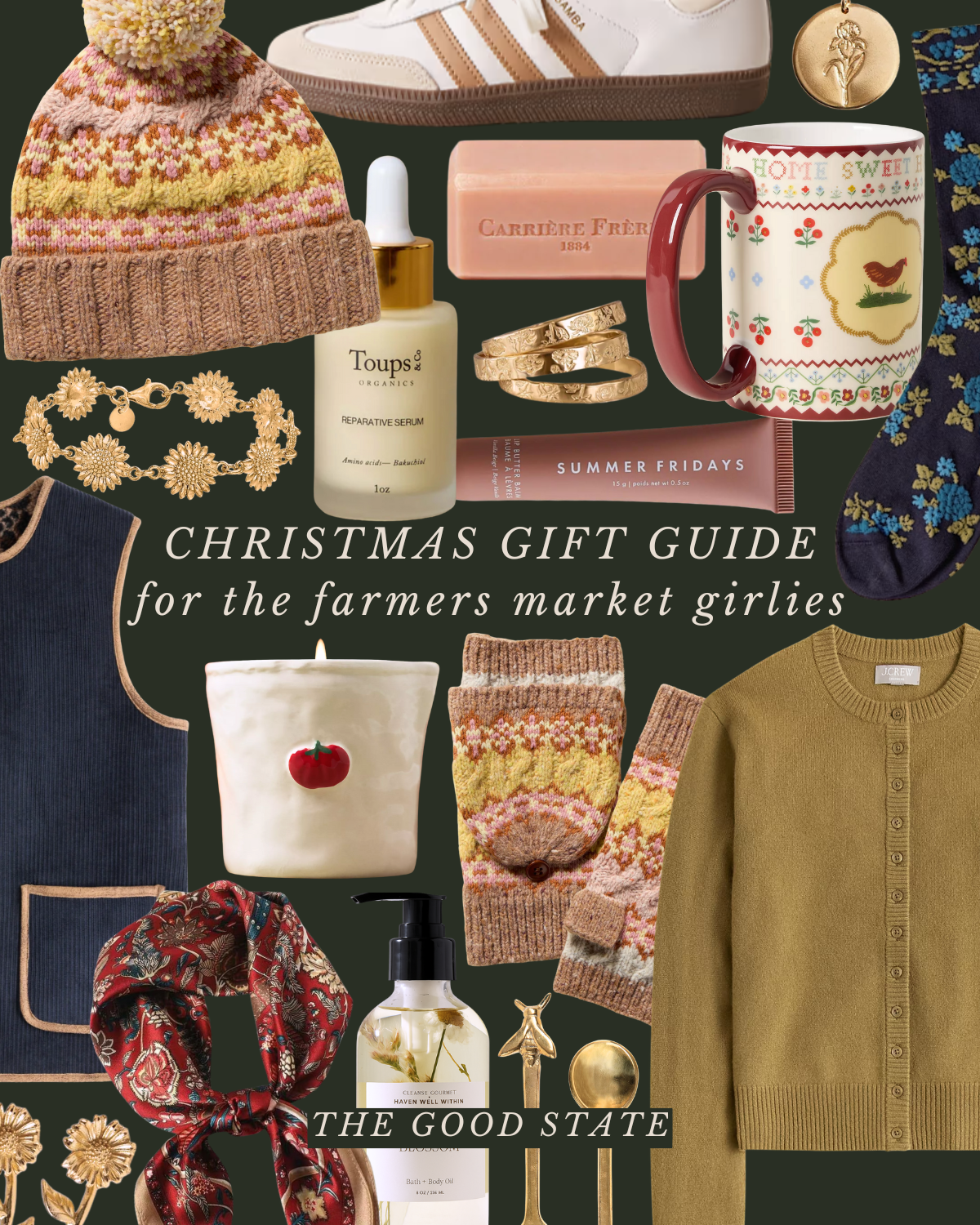 A collage of Christmas gifts including a knitted hat, jewelry, skincare, a mug, soap, socks, a sweater, candle, and decorative items, with the text "Christmas Gift Guide for the Farmers Market Girlies".