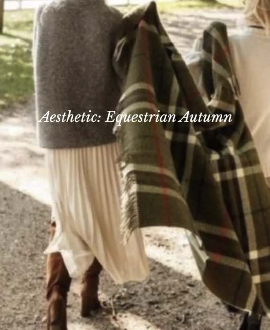 A person walking a dog outdoors, carrying a plaid blanket, with the text 'Aesthetic: Equestrian Autumn' overlaid.