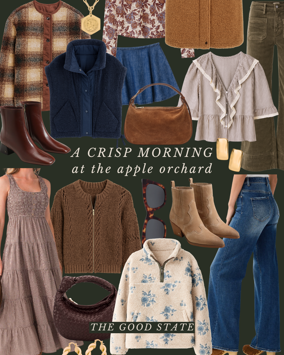 Collection of fall fashion items including jackets, sweaters, skirts, jeans, boots, accessories, and sunglasses arranged creatively with text overlay that reads 'A crisp morning at the apple orchard. The good state.'