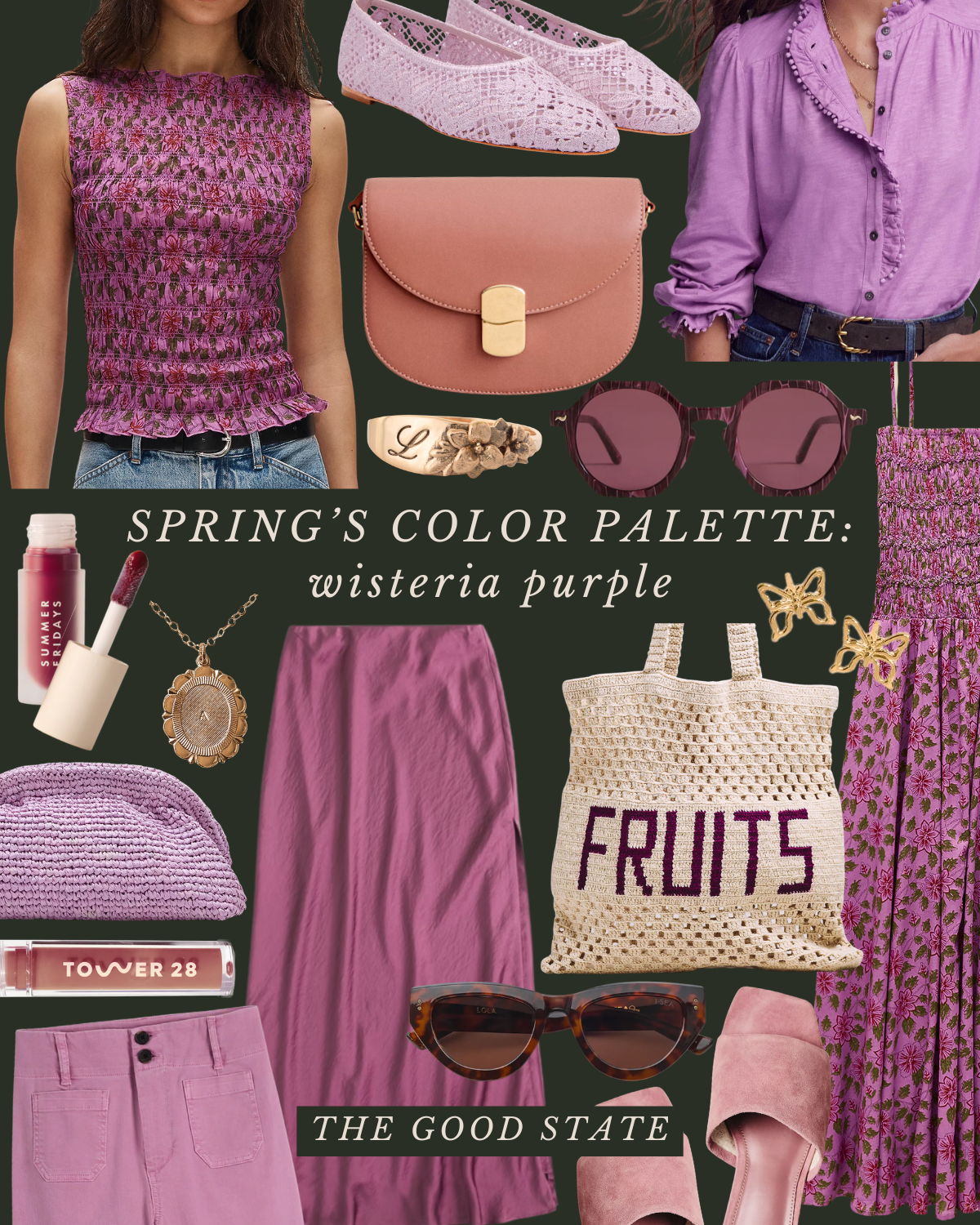 A collection of spring fashion items in wisteria purple color palette, including clothing, accessories, and footwear like a sleeveless floral top, skirt, purple blouse, sunglasses, shoes, purse, jewelry, and a tote bag with "Fruits" embroidered on it