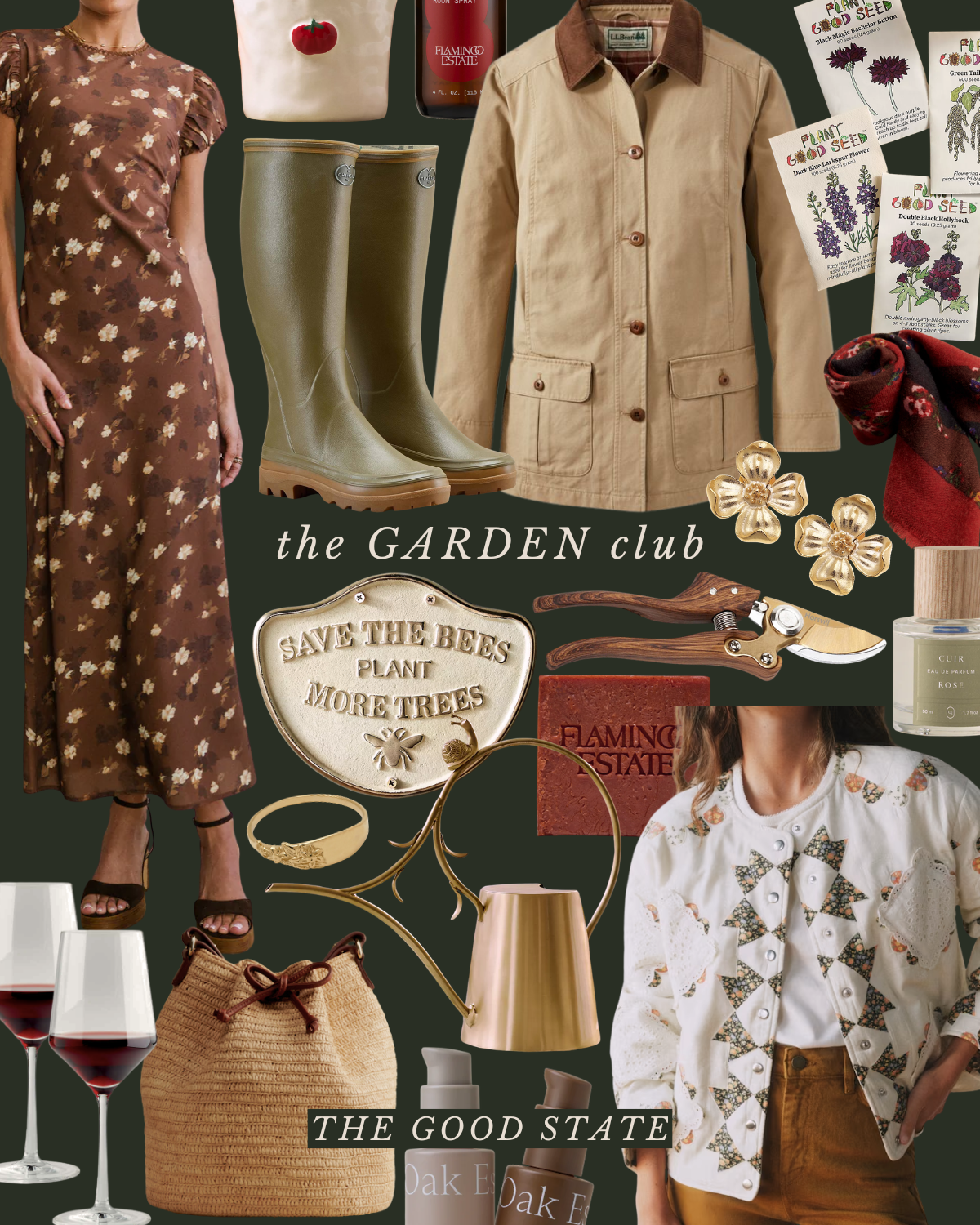 A collage of various garden-themed and fashion items, including a woman in a floral dress, a beige jacket, green rain boots, garden seed packets, jewelry, and plants accessories, with phrases like "the GARDEN club" and "THE GOOD STATE".