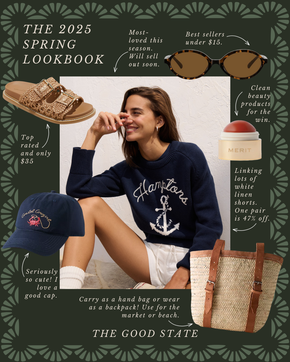 Collage showcasing 'The 2025 Spring Lookbook' featuring a smiling woman in a navy sweater with 'Hamptons' and an anchor design, paired with white shorts. Surrounding items include woven sandals priced at $35, tortoise shell sunglasses under $15, a na