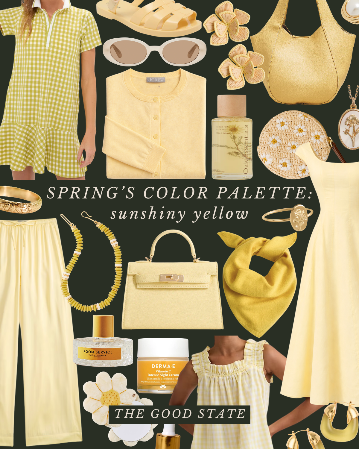 Yellow and pastel-colored spring fashion items and accessories, including clothing, jewelry, handbags, glasses, sandals, and skincare products, set against a dark background with the text "Spring's Color Palette: Sunshiny Yellow" and "The Good State.