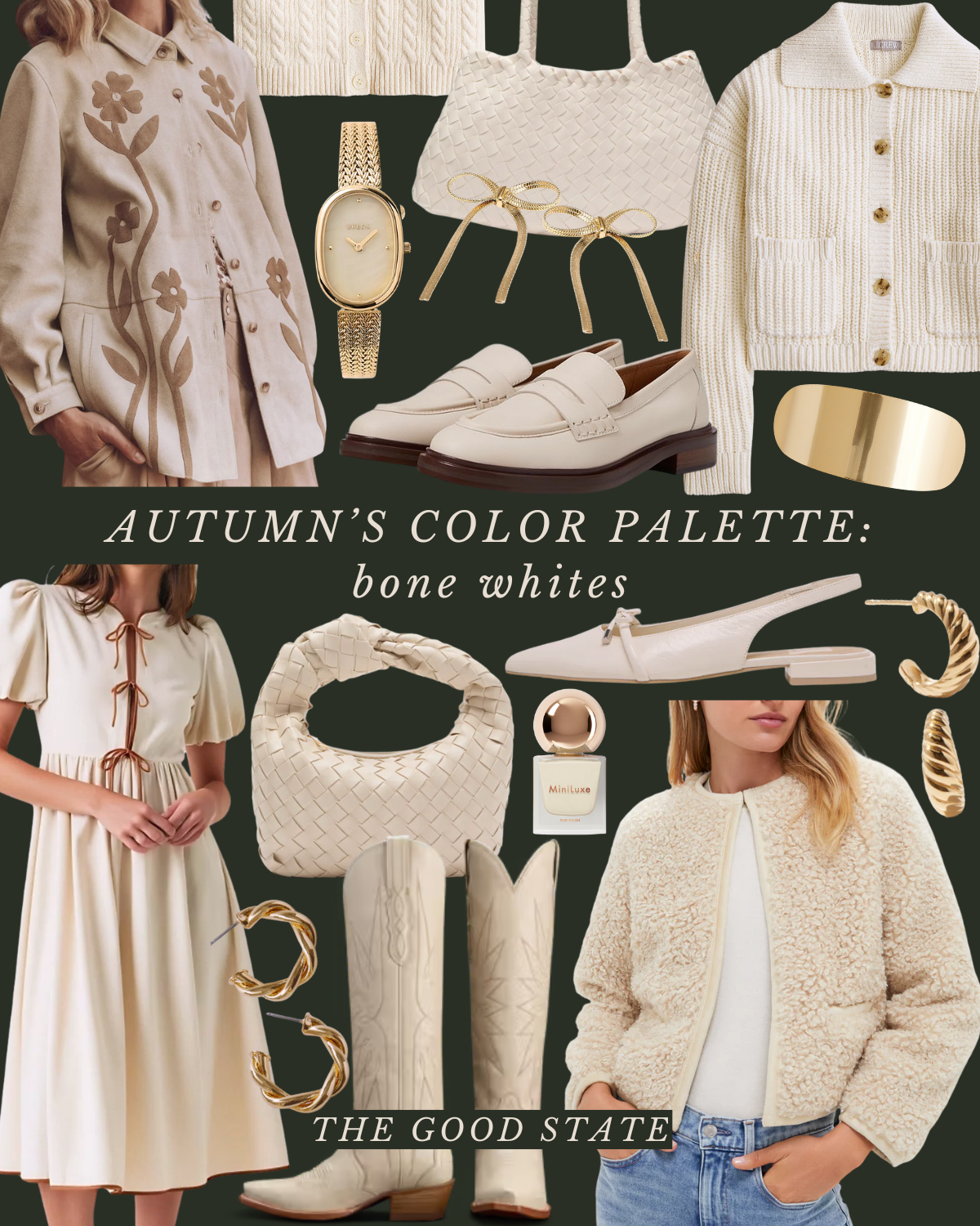 Collage of fashion items in bone white colors, including clothing, footwear, jewelry, accessories, and perfume, themed as 'Autumn's Color Palette: Bone Whites' and 'The Good State.'