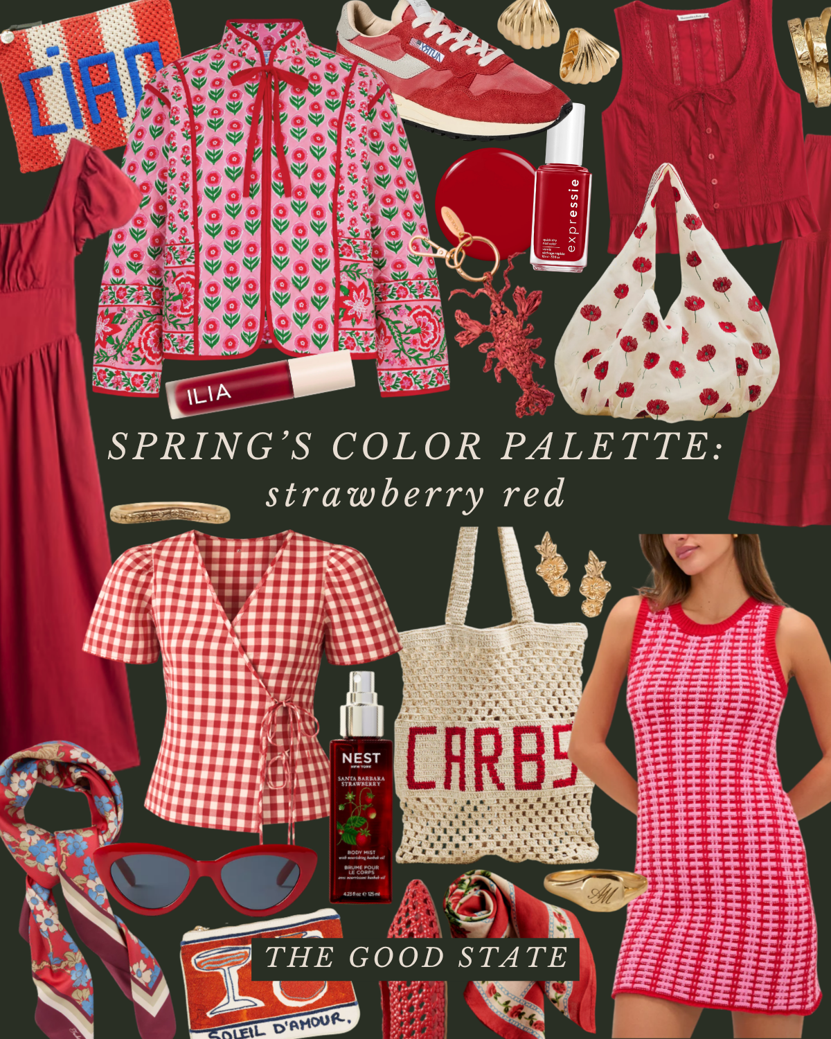 A collection of red-colored spring fashion items and accessories, including dresses, a jacket, shoes, jewelry, bags, sunglasses, and cosmetics, with a text overlay about strawberry red color palette.