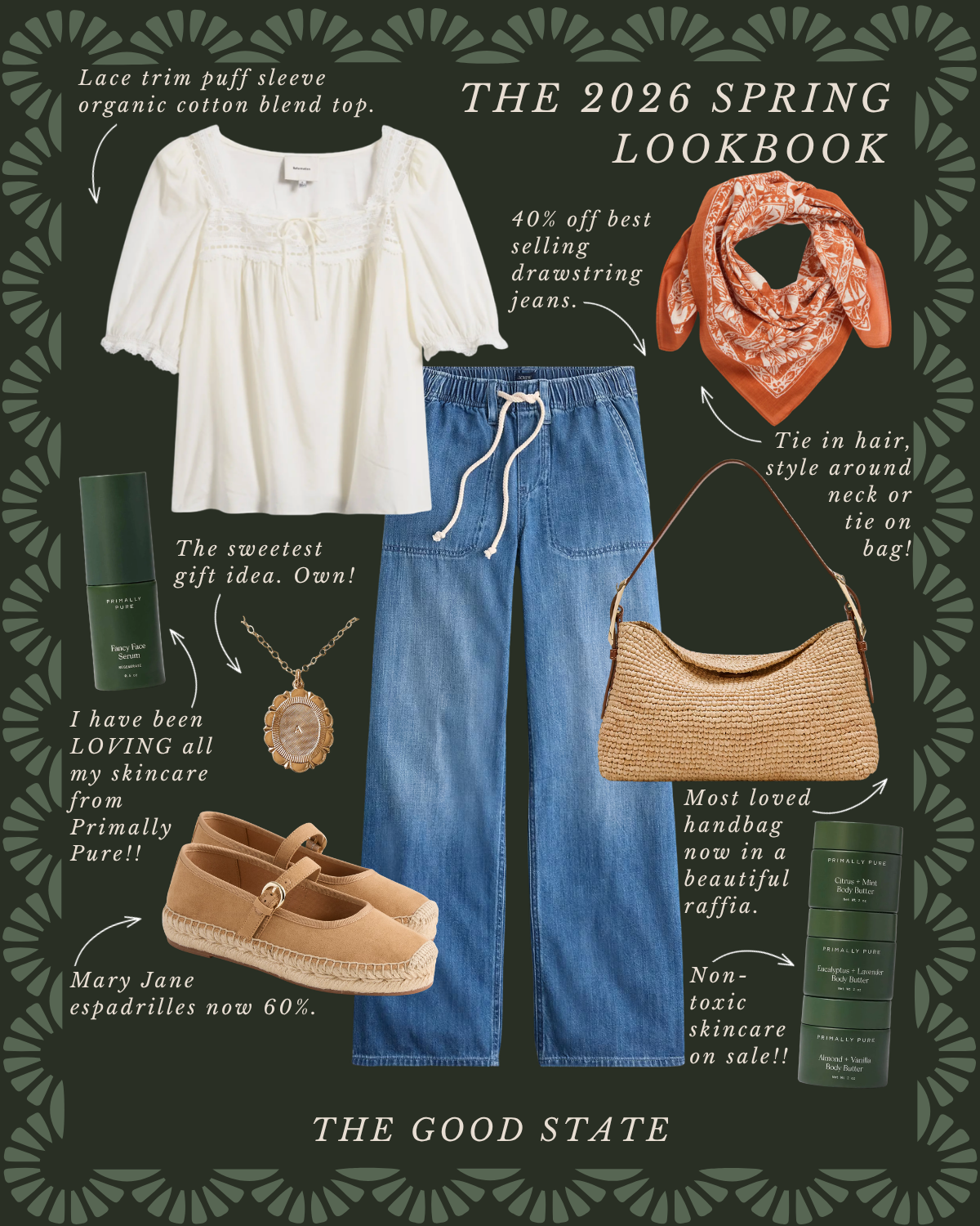 Spring fashion lookbook with clothing and accessories including a lace trim puff sleeve organic cotton top, drawstring jeans, a patterned bandana, a woven handbag, espadrille shoes, skincare products, and jewelry on a dark decorative background.