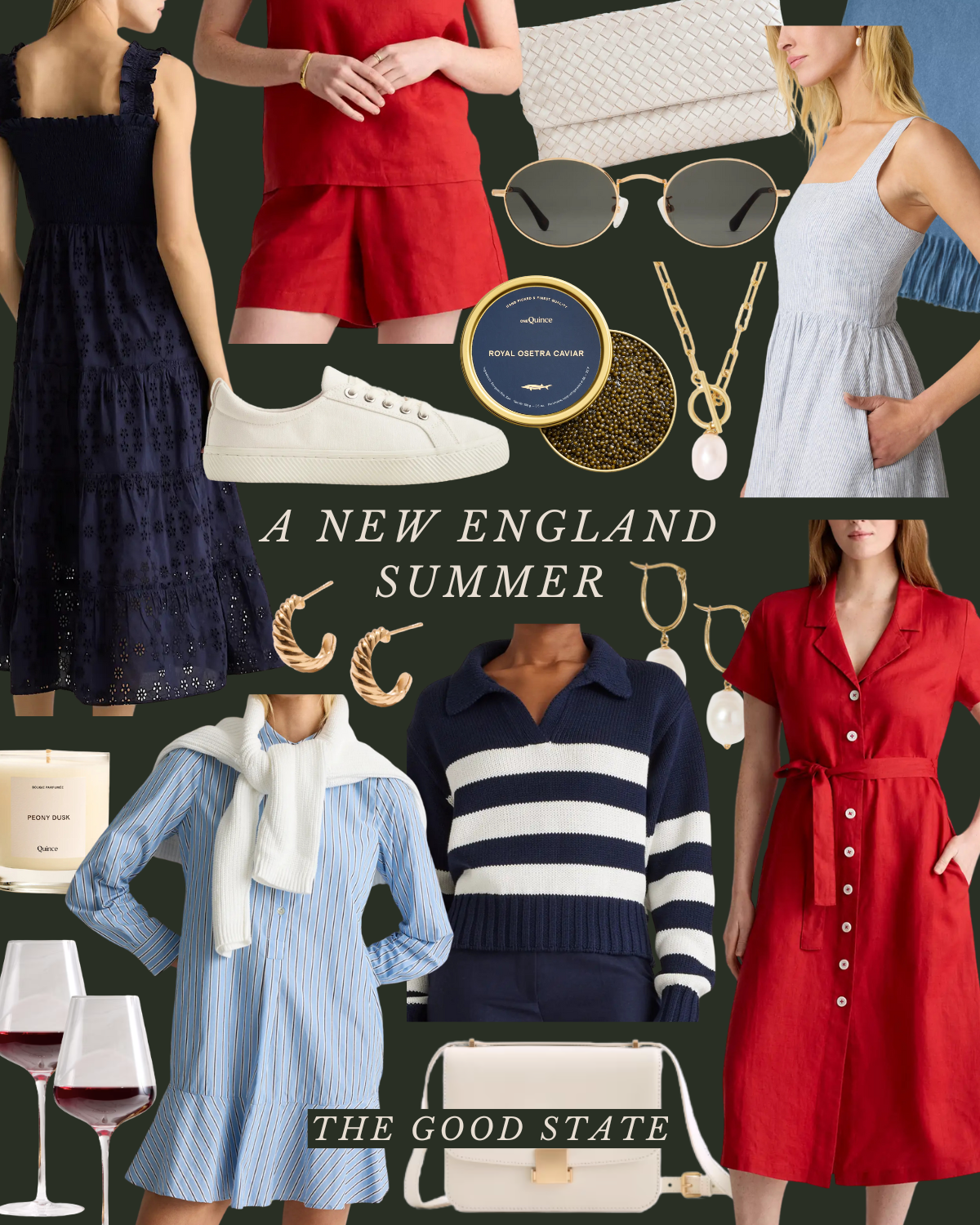 Collage of summer fashion and accessories with women in dresses, shorts, and sweaters, along with sunglasses, jewelry, candle, wine glasses, and handbags, promoting a summer collection for New England.