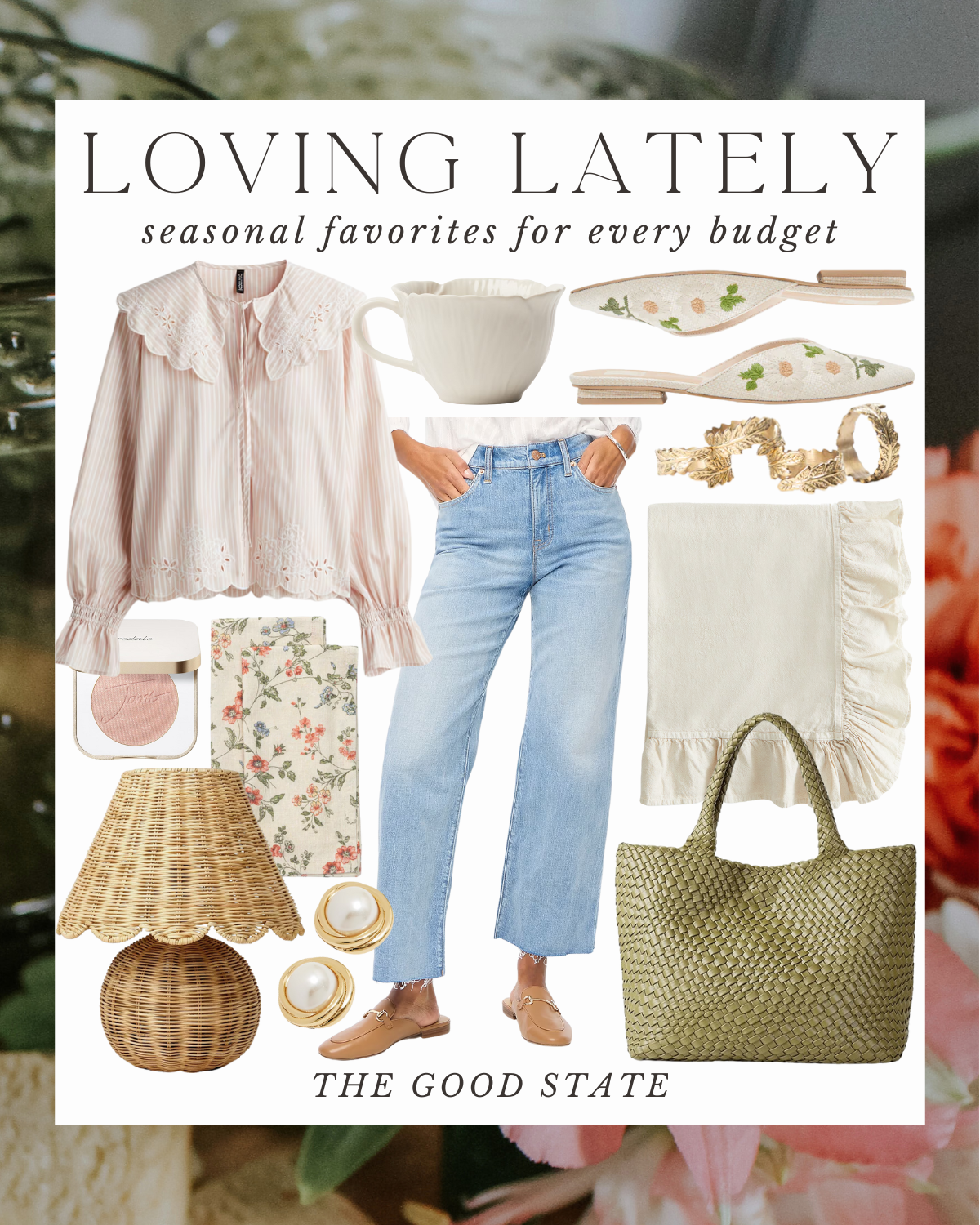 Collage of fashion and home decor items including a striped blouse, light blue jeans, floral flats, gold bracelets, a woven lamp, and a green tote bag.