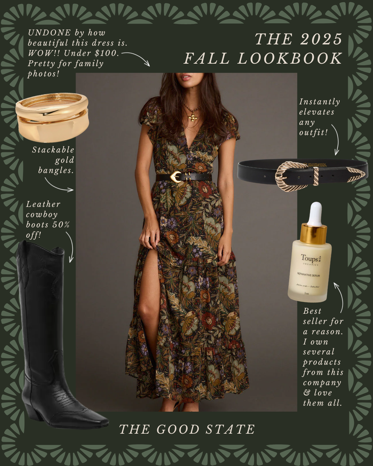 An advertisement for a fall lookbook featuring a woman in a floral maxi dress with a thigh-high slit, accessorized with a black belt with a gold buckle, a black and gold belt, a bottle of serum, a pair of black cowboy boots, and gold stackable rings.