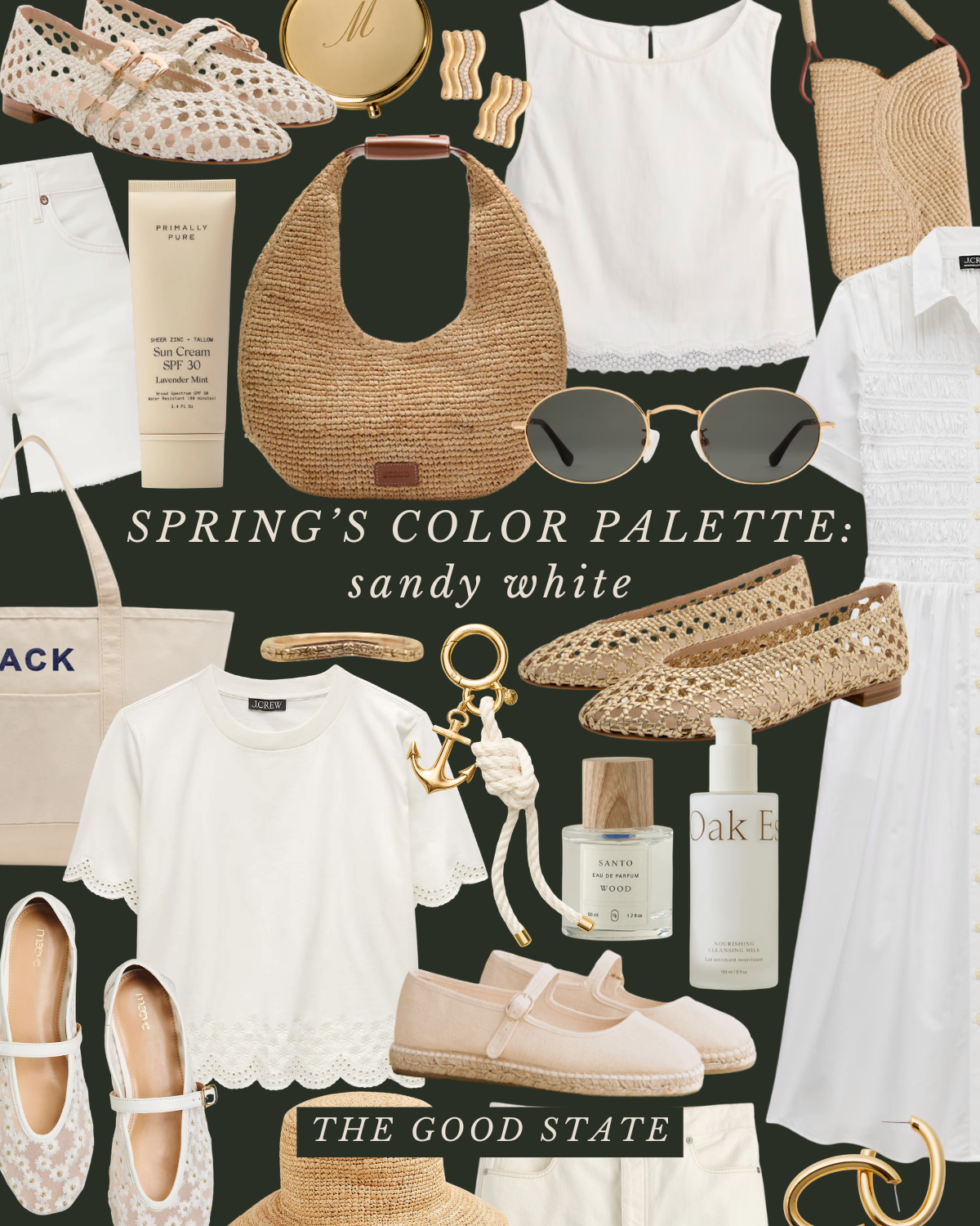 A collection of spring fashion items in sandy white color, including shoes, bags, clothing, sunglasses, and accessories, with text "Spring's Color Palette: Sandy White" and "The Good State".