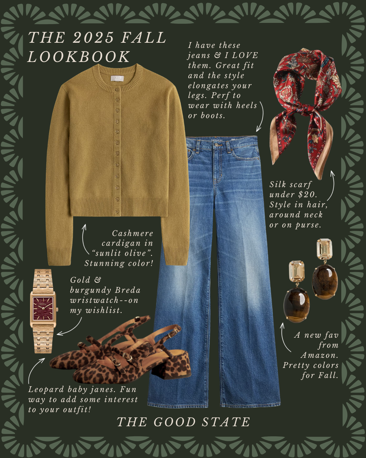 Fall 2025 lookbook features a cashmere cardigan in sunlit olive, blue wide-leg jeans, leopard print baby Jane shoes, a silk scarf with a floral pattern, a gold and burgundy Breda wristwatch, and amber drop earrings. The background is dark green with 