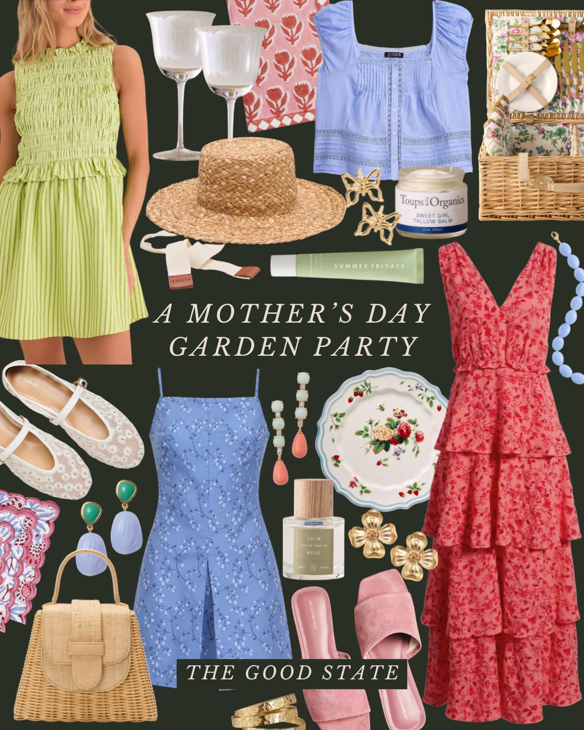 Collage of clothing, accessories, and tableware for a Mother's Day garden party, featuring dresses, shoes, jewelry, a hat, candles, and floral-themed decorations.