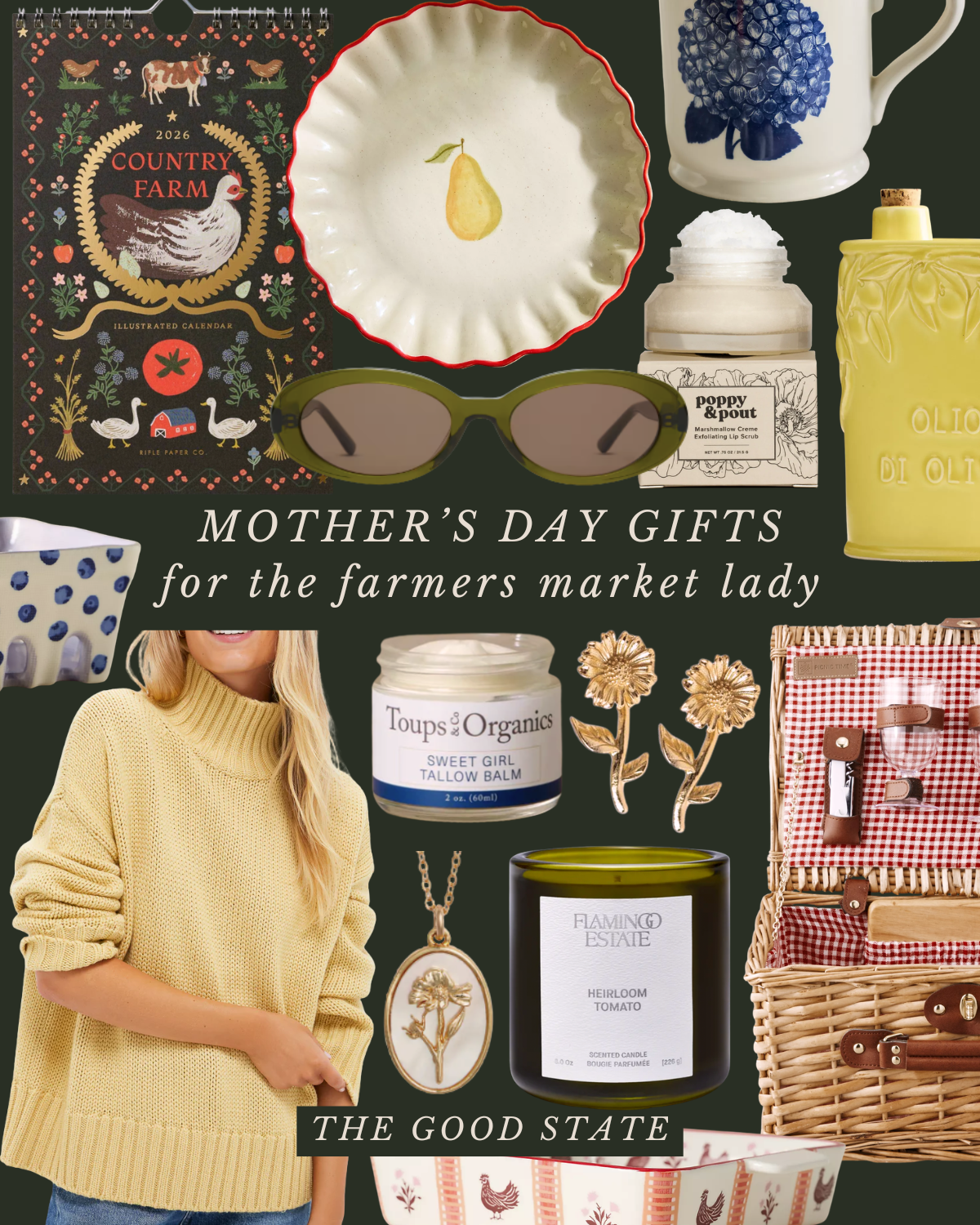 Collage of Mother's Day gifts including a calendar with farm animals, a pear-shaped dish, a blue floral mug, sunglasses, a jar of marshmallow crème, a yellow bottle, skincare products, jewelry, scented candles, flowers, a woman in a yellow sweater, a