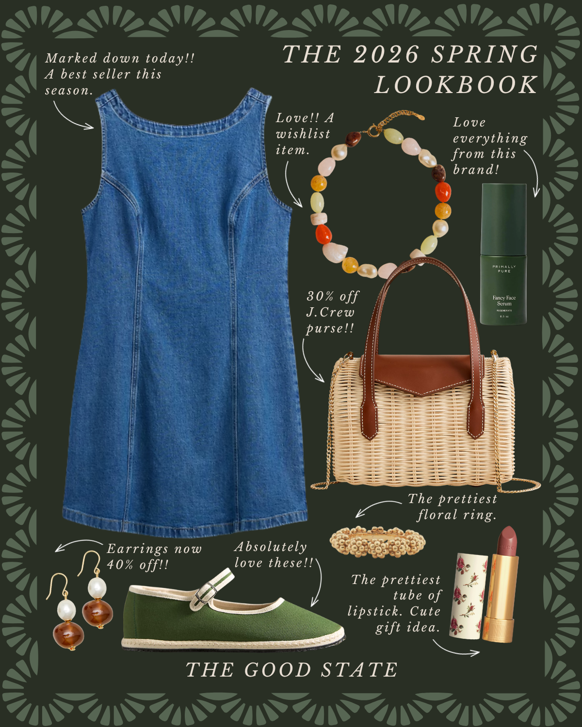A spring fashion and accessory lookbook featuring a denim dress, beaded bracelet, green slip-on shoes, pearl earrings, floral ring, lipstick, skincare serum, and a woven handbag. The background has a dark floral pattern with white handwritten-style l