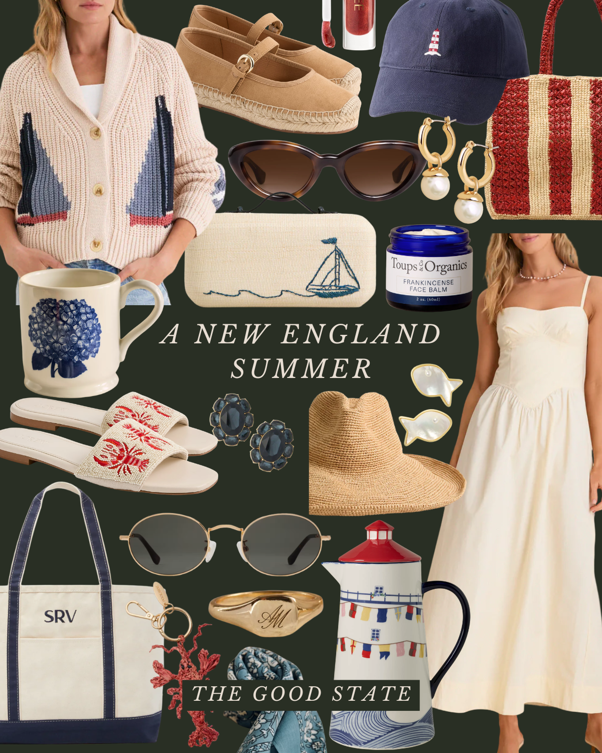 Collection of summer fashion and accessories including sweaters, shoes, sunglasses, jewelry, a hat, a tote bag, a cup, a face balm, a lighthouse mug, a scarf, a decorative lamp, and a woman in a white dress, with text "A New England Summer" and "The 