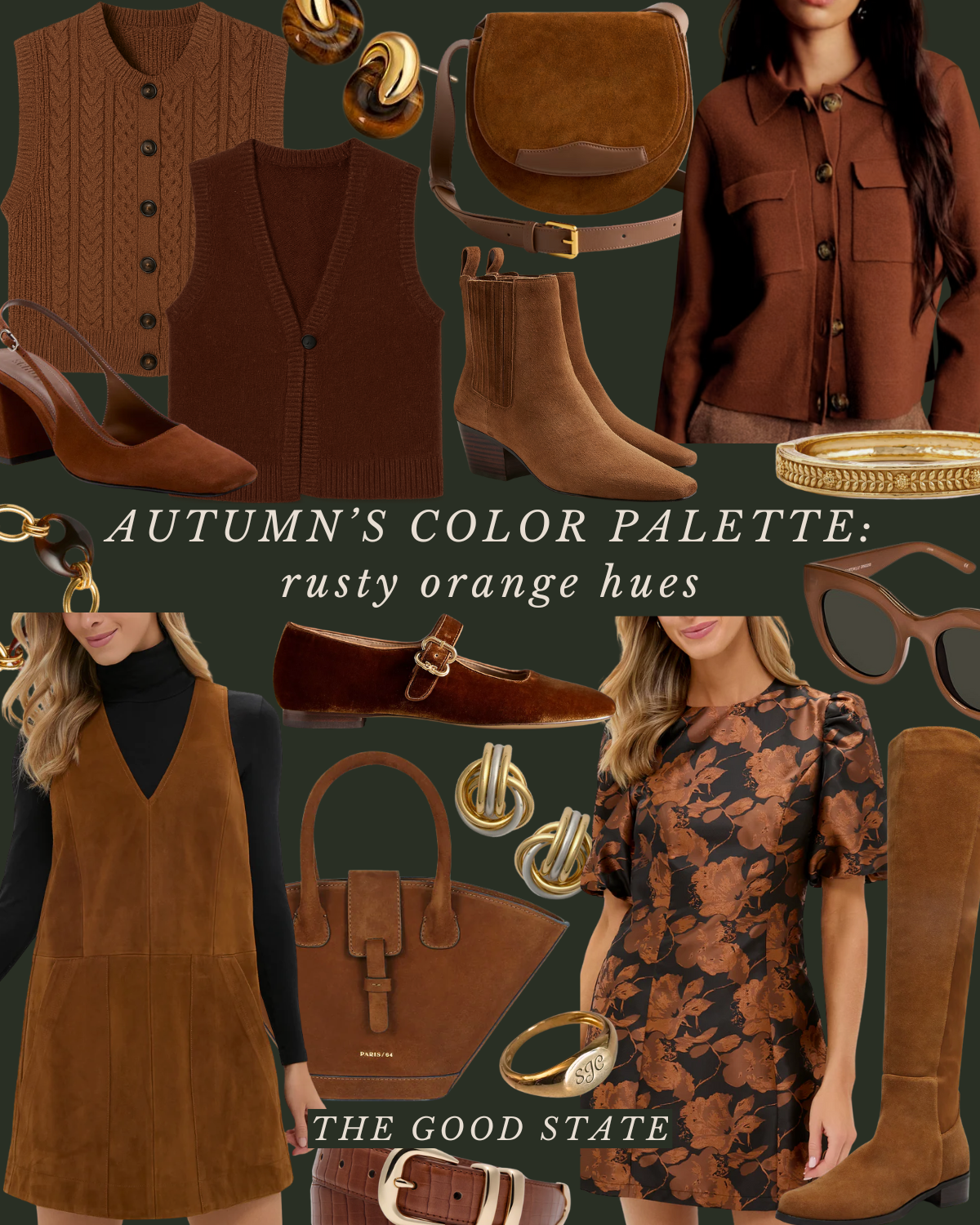 Collage featuring autumn fashion items in rusty orange hues, including sweaters, vests, boots, handbags, jewelry, glasses, and a floral dress, with text highlighting a color palette of rusty orange hues for autumn.