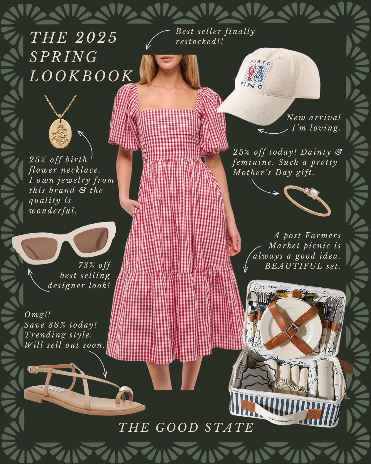Spring 2025 lookbook featuring a woman in a red gingham dress, surrounded by accessories including a floral necklace, sunglasses, a cotton cap, a pearl ring, and a picnic set, with promotional text and discounts.