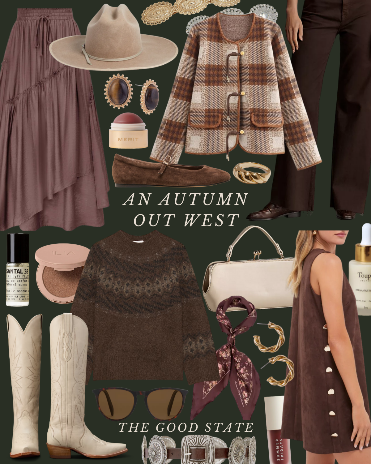 A collage of fall fashion items including a brown and beige plaid coat, a brown suede dress, a beige hat, white cowboy boots, brown flats, and accessories such as earrings, sunglasses, a scarf, a white handbag, and jewelry. The background features a 