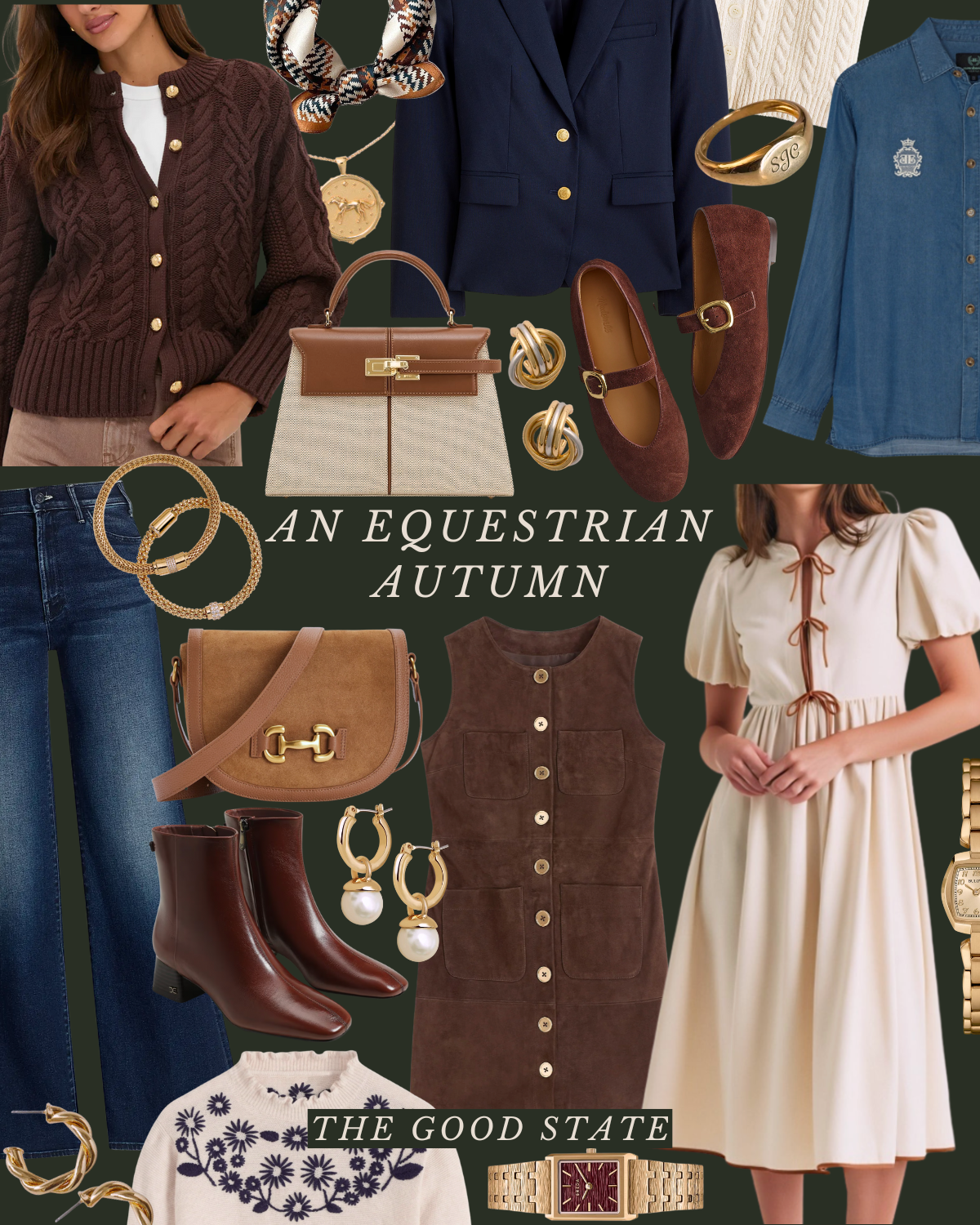 A collage of autumn fashion items and clothing in neutral and earth tones, including sweaters, blouses, jeans, boots, shoes, handbags, jewelry, and accessories, with a text overlay reading 'An Equestrian Autumn' and 'The Good State'.