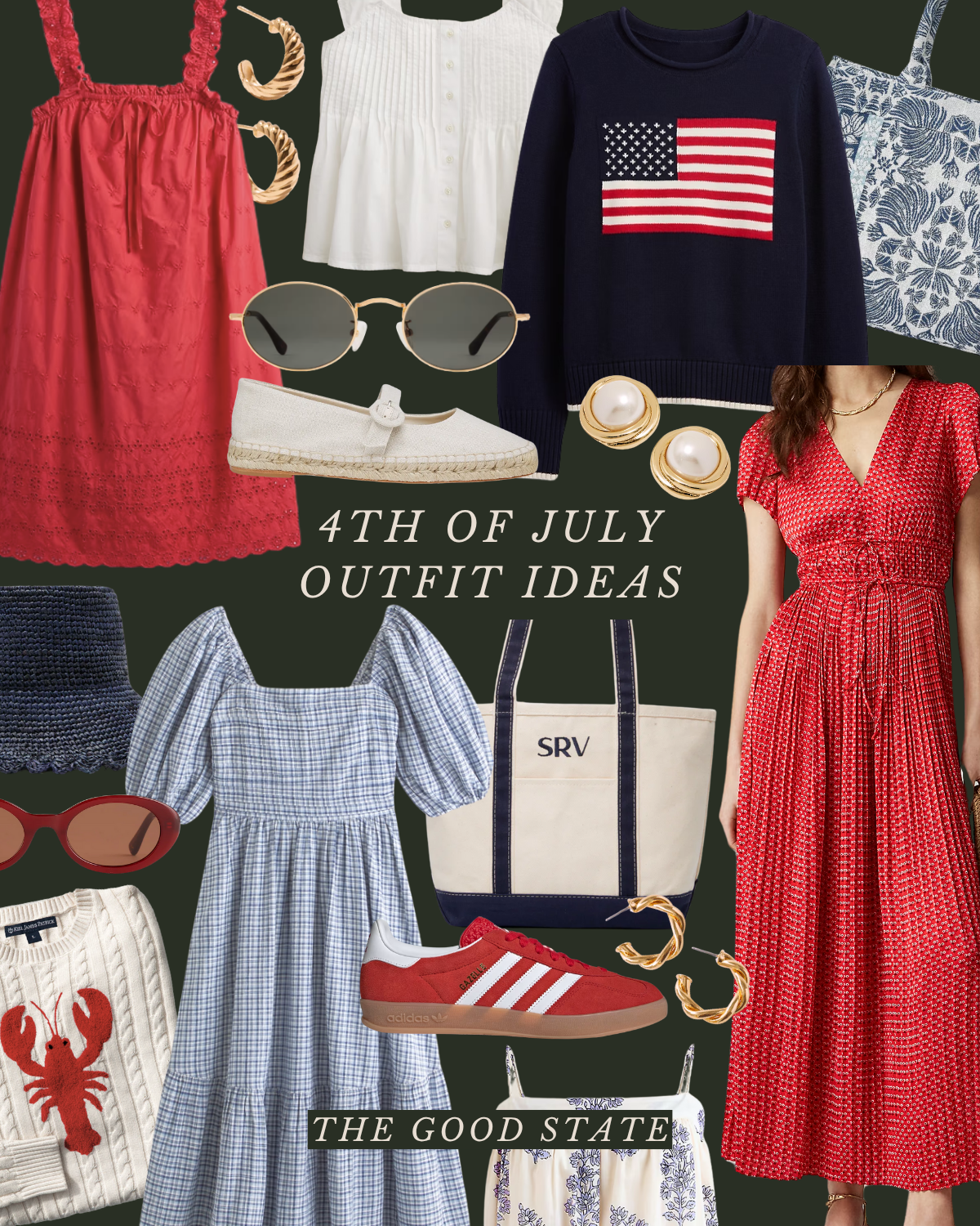 A collage of 4th of July outfit ideas including a red dress, white blouse, navy sweater with American flag, floral dress, blue gingham dress, lobster sweater, and accessories like sunglasses, earrings, sneakers, a tote bag, and sandals, with text "4t