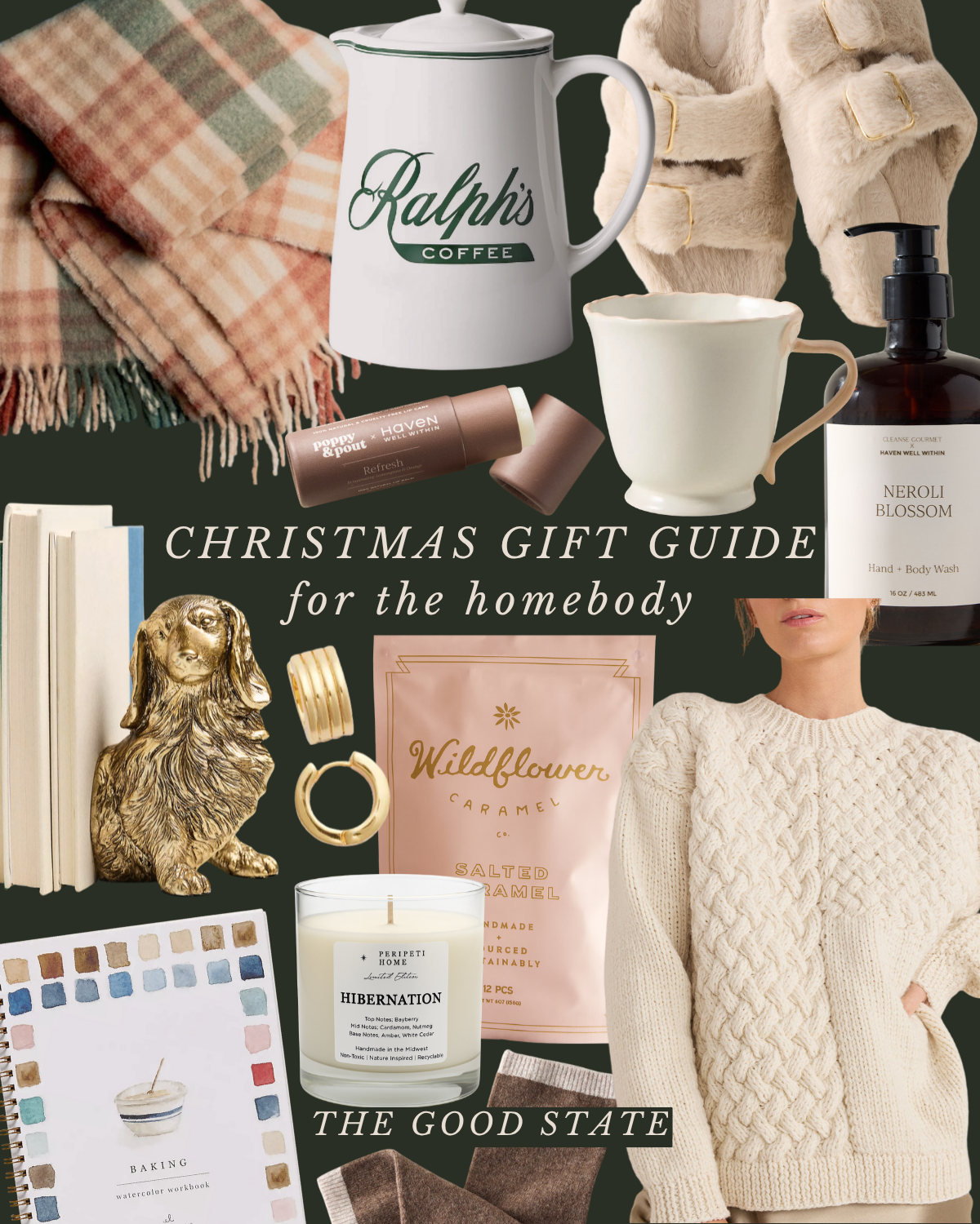 A Christmas gift guide with home decor and self-care items including a Ralph's coffee mug, a cream-colored cup, bath salts, a candle, jewelry, a plush sweater, and various decorative objects on a dark background.