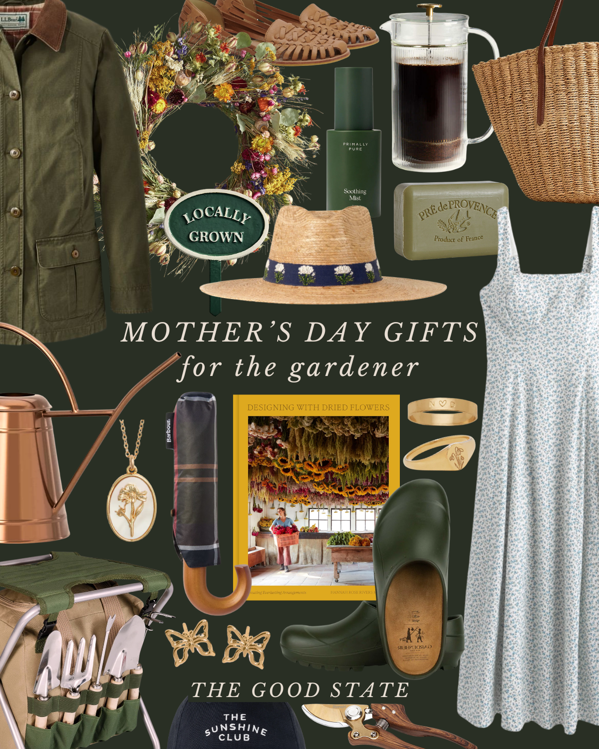 Collage of Mother's Day gift ideas for gardeners including a green jacket, sun hat, gardening tools, rubber shoes, floral dress, wreath, Locally Grown sign, coffee press, sandals, tote bag, watering can, necklace, book, umbrella, earrings, bar soap, 