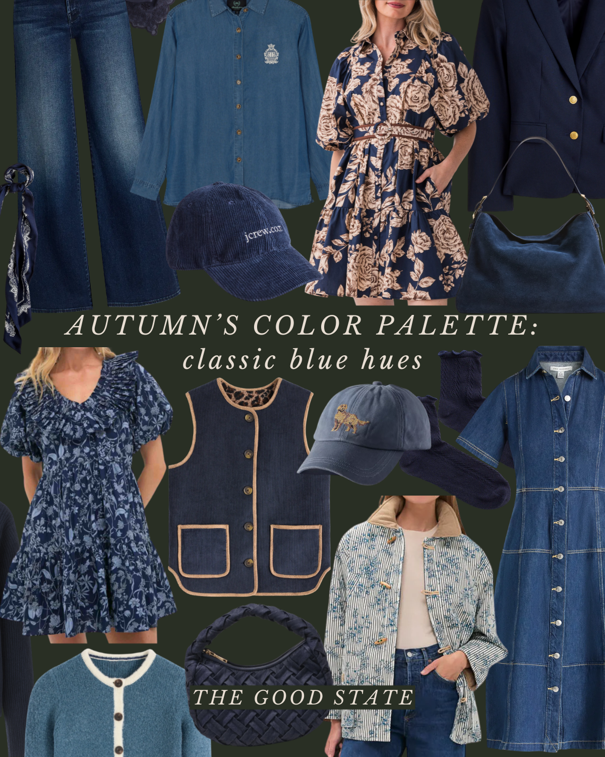 A collage of autumn fashion items in classic blue hues, including dresses, jackets, shirts, vests, caps, handbags, and accessories.