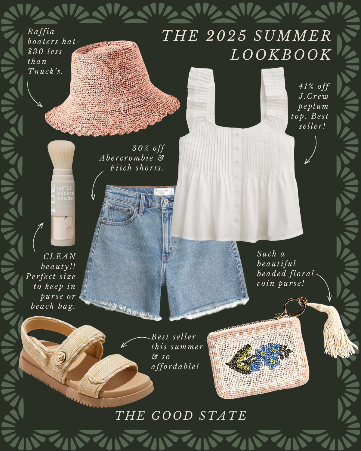 A summer lookbook featuring a pink raffia boater hat, white sleeveless top, denim shorts, a beaded floral coin purse, a bottle of mineral powder, and chunky sandals, with promotional discounts and descriptions.