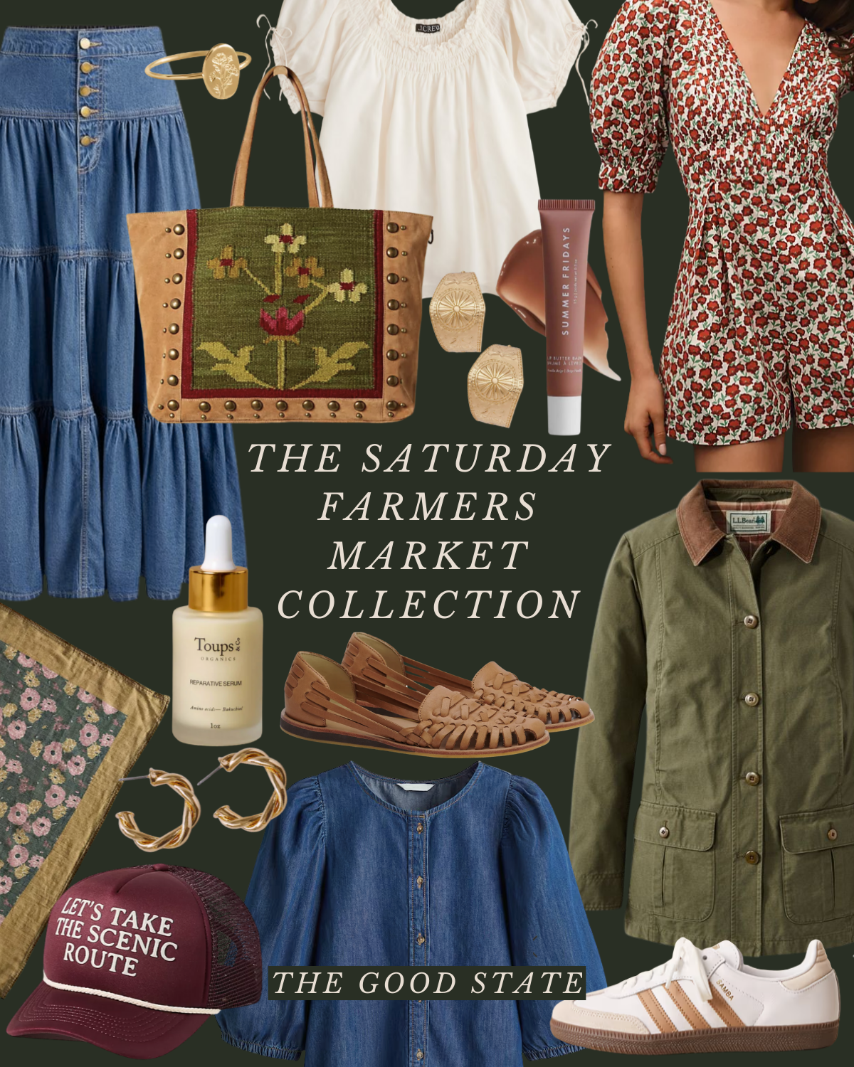 Collection of women's clothing and accessories including a blue tiered skirt, a white top, a red floral romper, a green jacket, a blue denim blouse, a floral scarf, a red cap with white text, a gold bracelet, gold earrings, a lipstick, a pair of brow