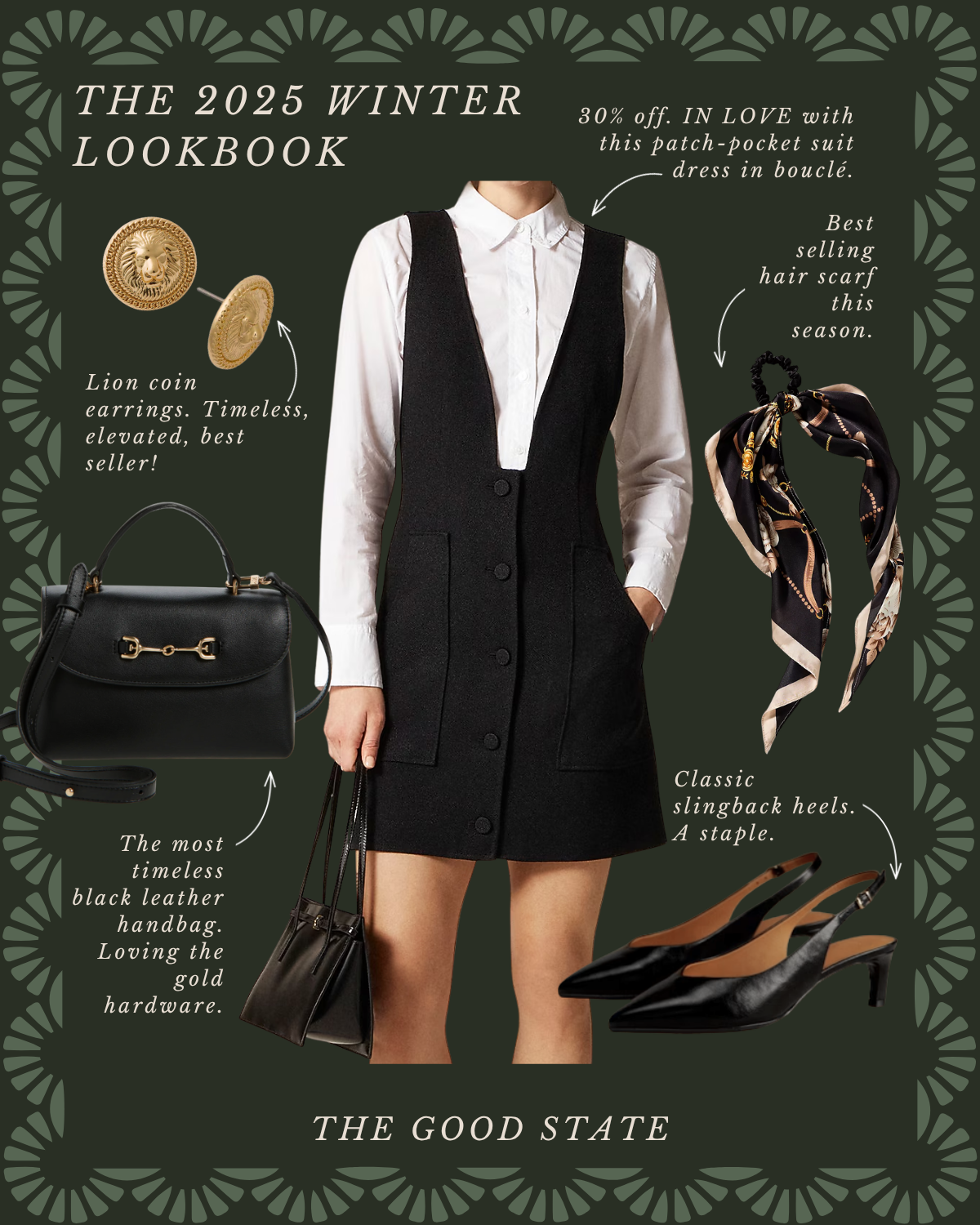 A styling guide for winter 2025 featuring a black patch-pocket dress with white shirt, black slingback heels, a black leather handbag, gold lion coin earrings, and a black silk hair scarf with gold accents.
