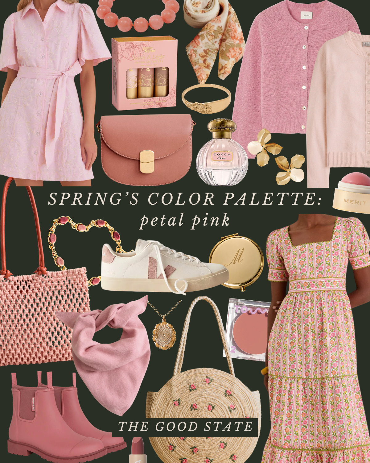 Spring's color palette with various fashion and accessories in petal pink, including dresses, sweaters, shoes, handbags, jewelry, perfume, makeup, and other trendy items.