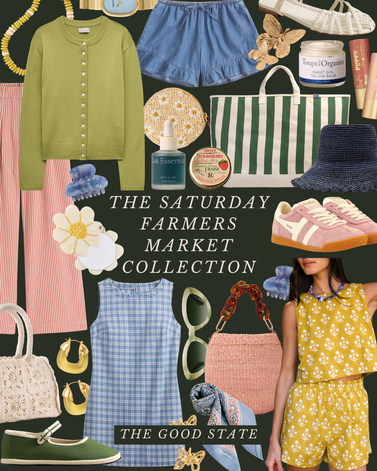 A collage of summer and casual fashion items and accessories including clothing like a green cardigan, blue shorts, pink and white striped pants, blue checked dress, and yellow floral outfit, along with shoes, bags, sunglasses, jewelry, skincare prod