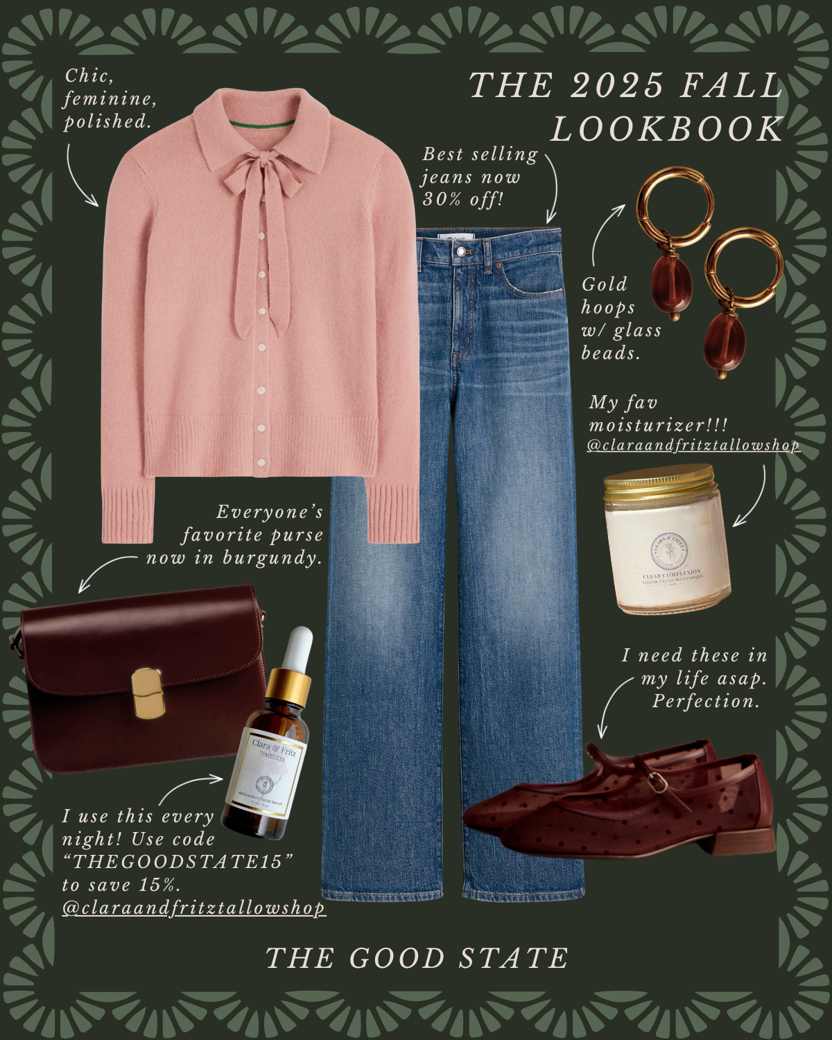 A fashion lookbook for fall 2025 featuring a pink cardigan with a bow, blue jeans, gold hoop earrings with glass beads, a burgundy purse, a moisturizer candle, and stylish burgundy shoes with polka dots. The background has a dark green pattern and ha