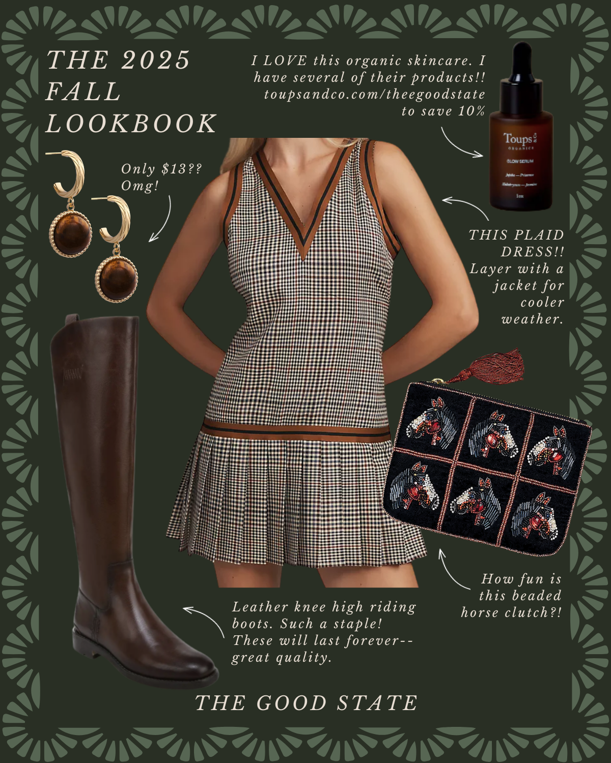 Fall 2025 lookbook featuring a plaid dress layered with a jacket, brown leather knee-high riding boots, gold earrings with brown stones, a beaded horse clutch, and a bottle of organic skincare serum. The design includes text highlighting the style an